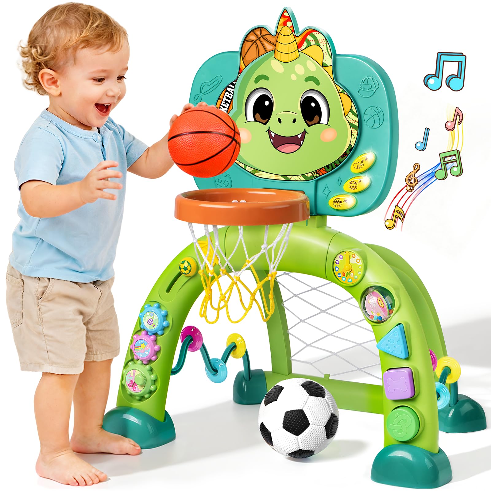 Toddler Basketball Hoop & Soccer Goal, Dinosaur Sports Play Toy Activity Center, Interactive Musical Sports Toys with Light, Christmas Birthday Gift for Boys Girls Age 1-3