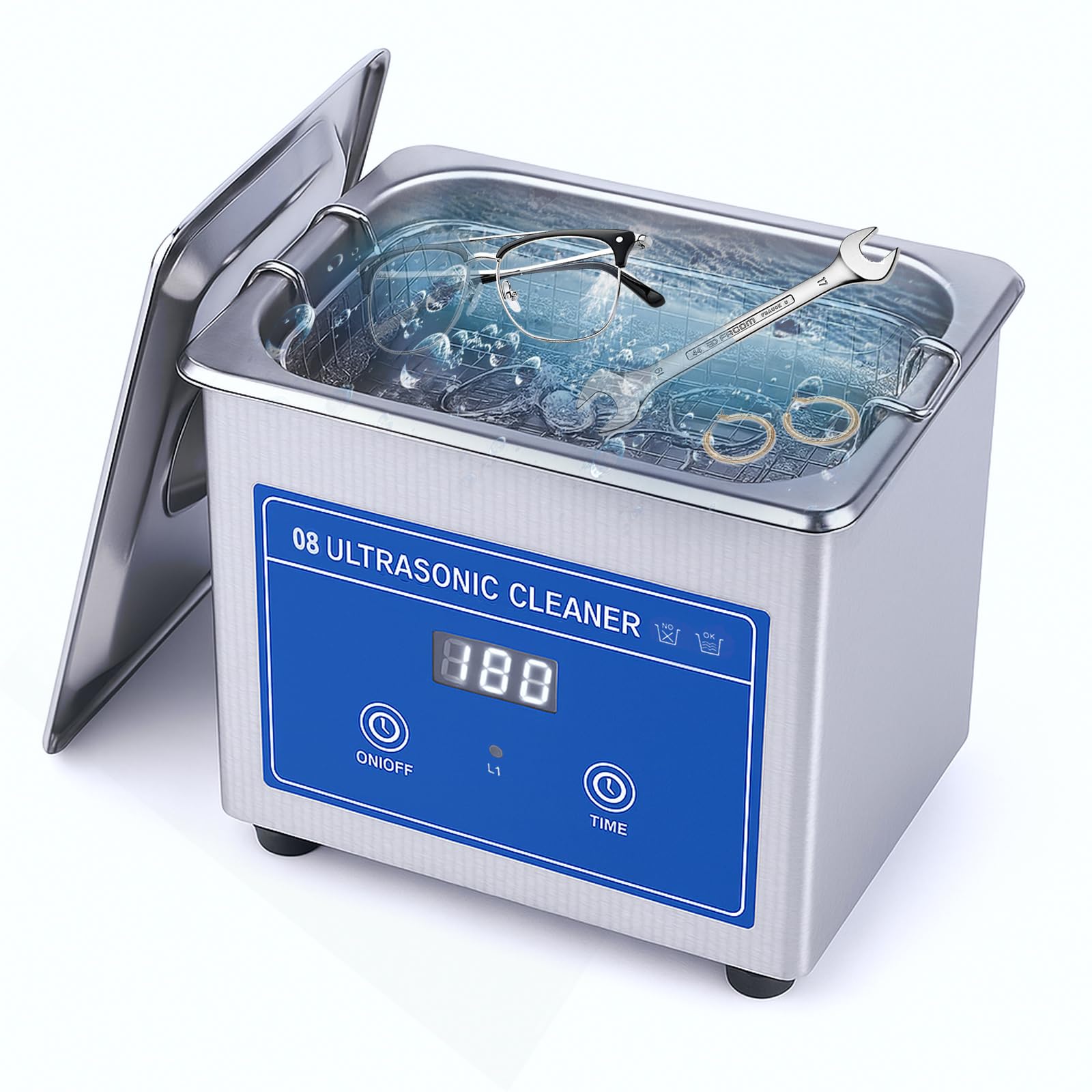 Limpiador Ultrasónico 800ML, 42KHz 35W Limpiador ultrasónico con temporizador Máquina de limpieza de acero inoxidable para gafas joyas relojes(con 10 pastillas de limpieza)