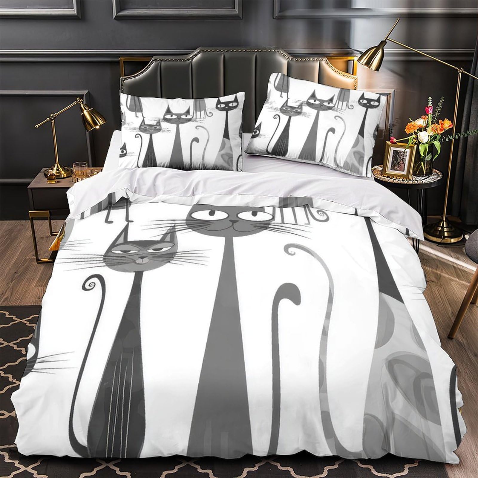 Parure de lit chat dessin animé 140x200cm housse de couette microfibre noir et blanc