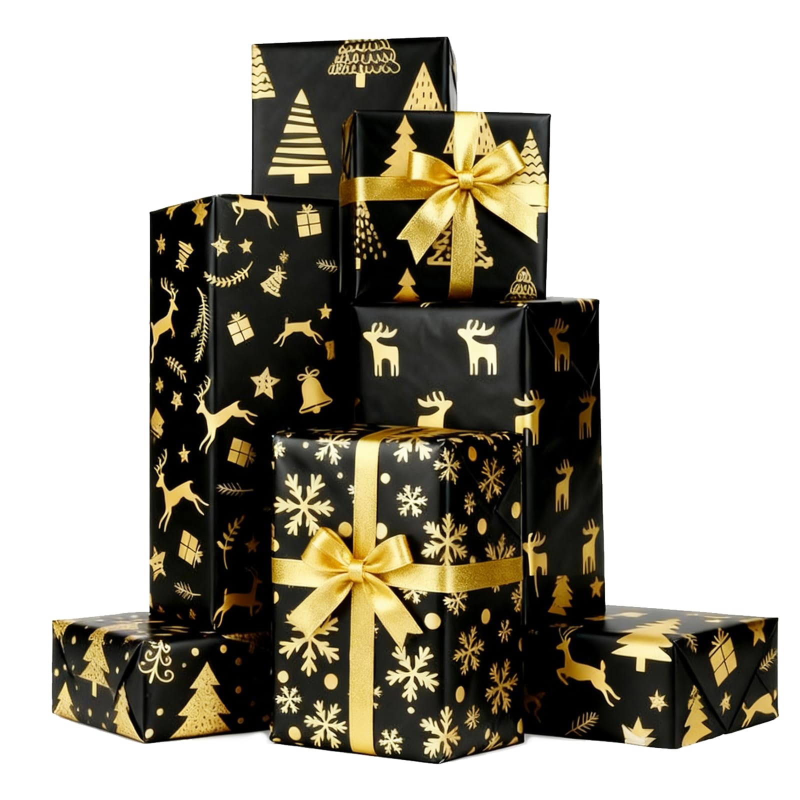 Jatidne Christmas Wrapping Paper Sheet Black Gold Xmas Gift Paper Pack of 6