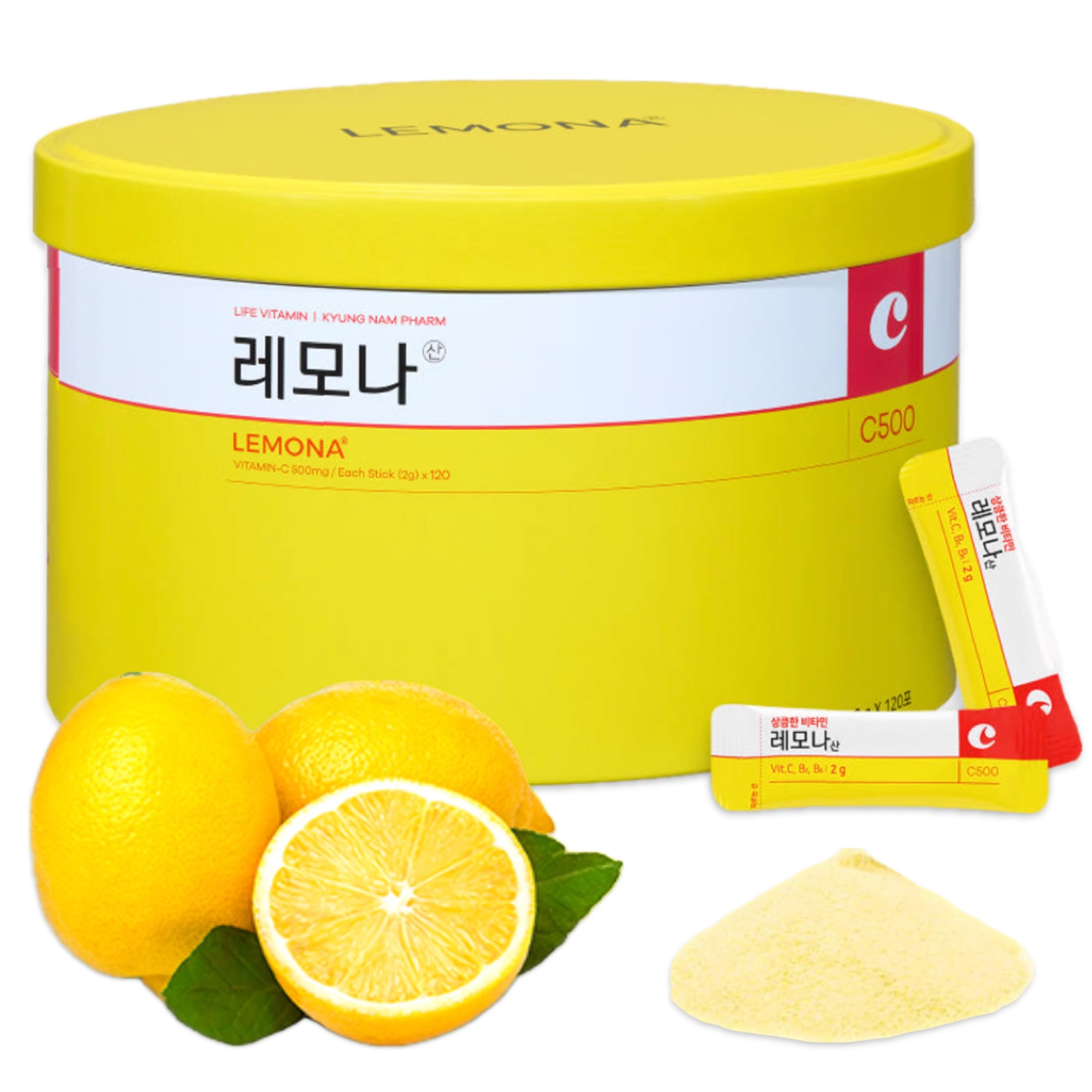 LEMONA Official Vitamin C Powder 500mg Korean Supplements Immune Support B6, B2, On-The-Go Packets Vitamin Healthy Living, Easy to Take Daily Energy Boost Korean Food Snacks Lemon (120Sticks)