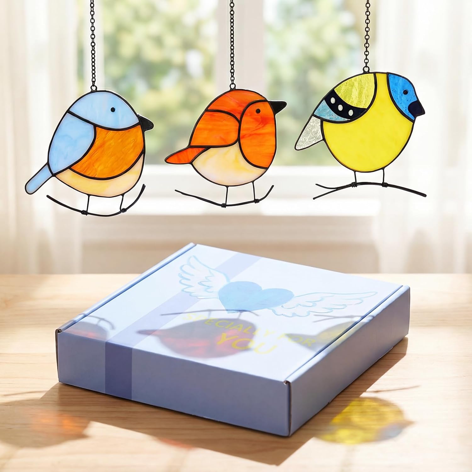 3 Pack Birds Stained Glass Suncatchers, Handmade Window Hanging, Cute Sun Catchers, Indoor Outdoor Decoration, Gifts for Women Men Bird Lover Gardener, 3 Removable Hangers Given