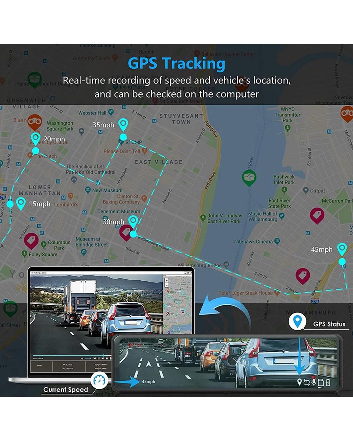 Dashcam Cámara De Salpicadero para Coche 11,26" 4K 2160P GPS WiFi DVR Espejo Retrovisor Doble Lente Pantalla IPS Grabadora Conducción En Directo Cámara Coche(4K-1080P-6M-BL 32G)
