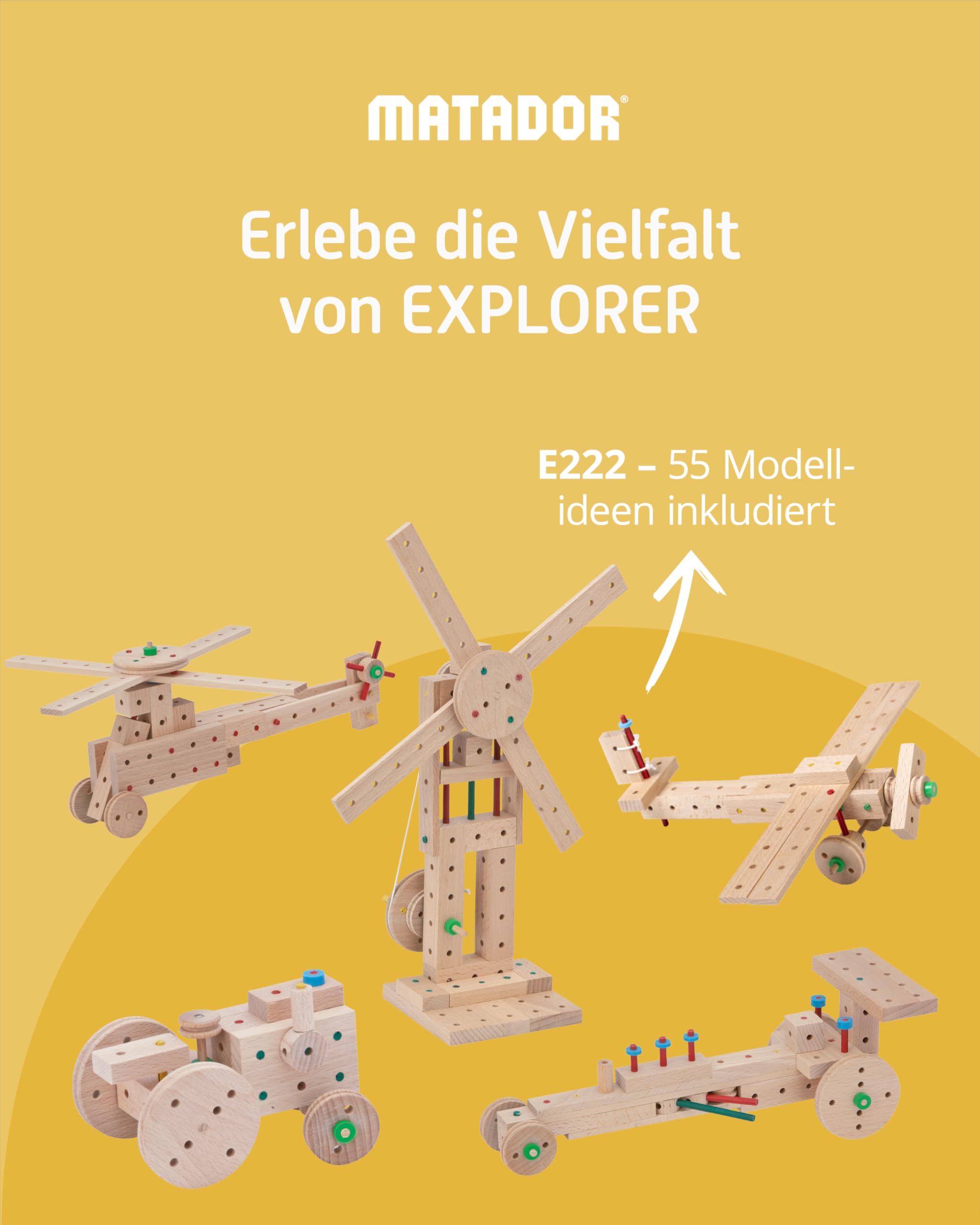 Matador Kinder Baukasten ab 5 Jahren 222-tlg. - Spannendes Holz Konstruktionsspielzeug zur Schulung von Kreativität und Feinmotorik, Bauspielzeug mit Stäbchen, Klötzen, Hammer & Zange