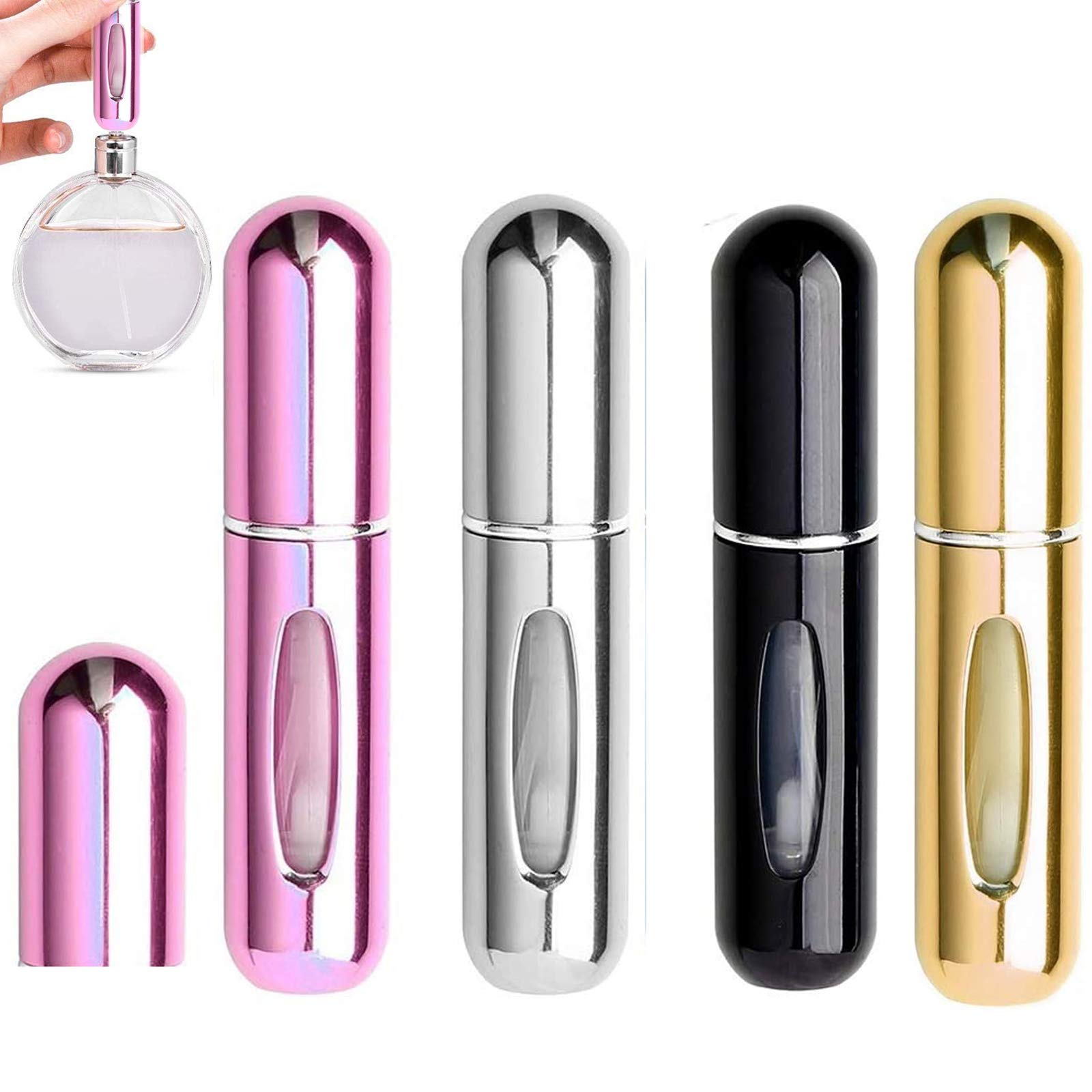 Portable Mini Refillable Perfume Empty Spray Bottle,4 Pcs Pack of 5ml Scent Pump Case，Refillable Perfume Spray,Multicolor Atomizer Perfume Bottle,for Traveling and Outgoing (Black/Gold/Silver/Pink)