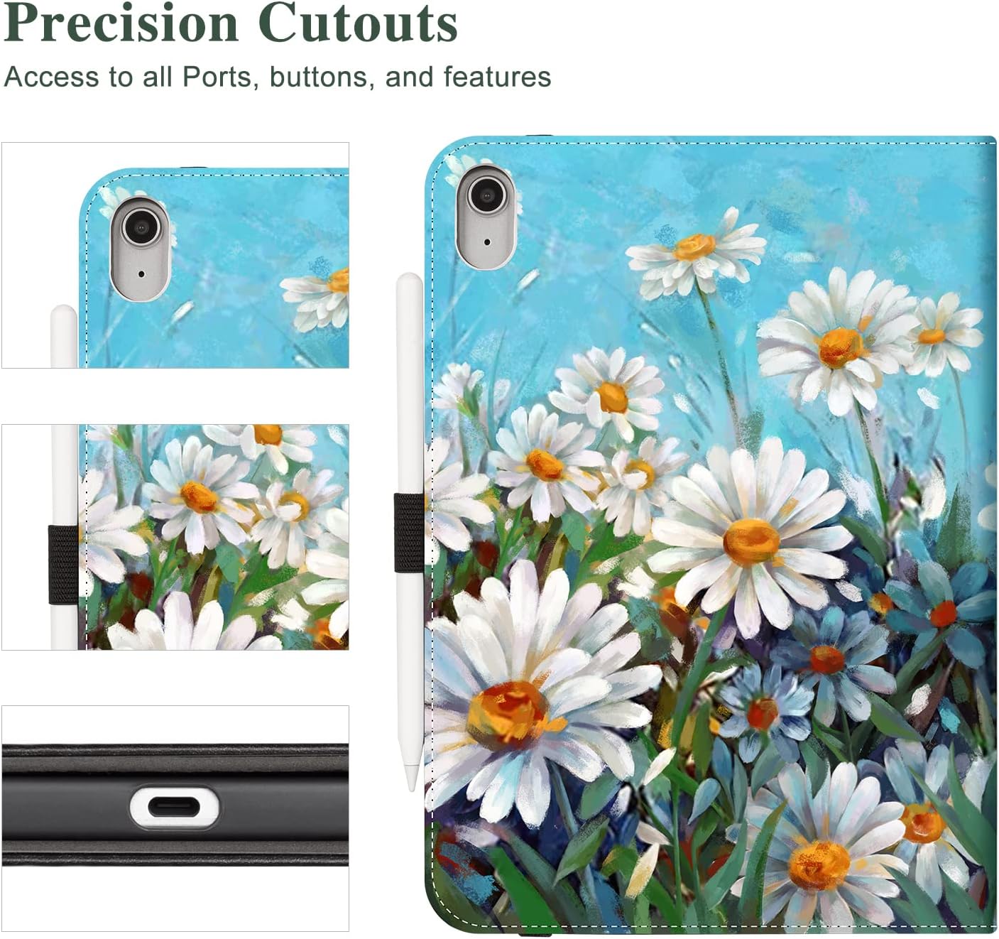 Vimorco Case for iPad (A16) 11th Generation 2025, for iPad 11th/10th Generation Case, Faux Leather Protective Adjustable Cover, Auto Sleep/Wake, Card Pocket with Pencil Holder for iPad10th Gen, Daisy