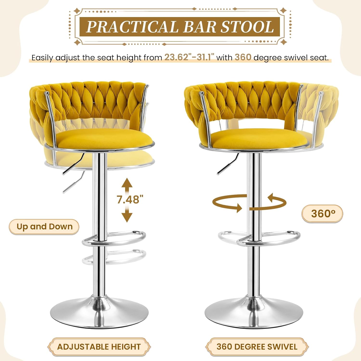Bar Stools Set of 3, Modern Adjustable Swivel Barstools, Luxury Velvet Counter Height Bar Stools Chair with Woven Back and Silver Legs for Kitchen Island, Cafe, Pub, Dining Room, Mustard