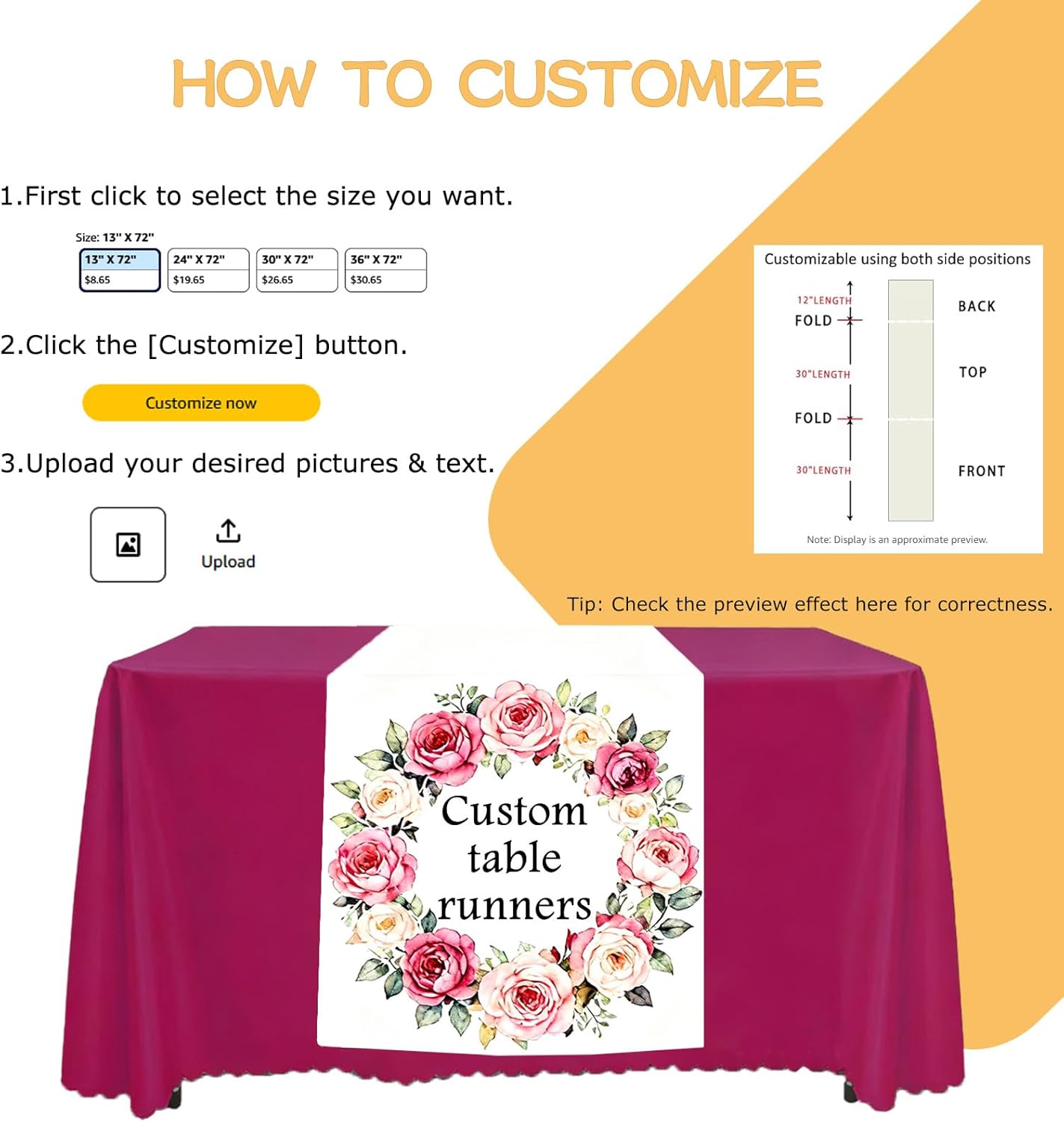 Custom Table Runner with Business Logo, Personalized Banner Tablecloth with Text & Photo for Birthday, Party, Wedding, Tradeshow Decorations (30"x72")