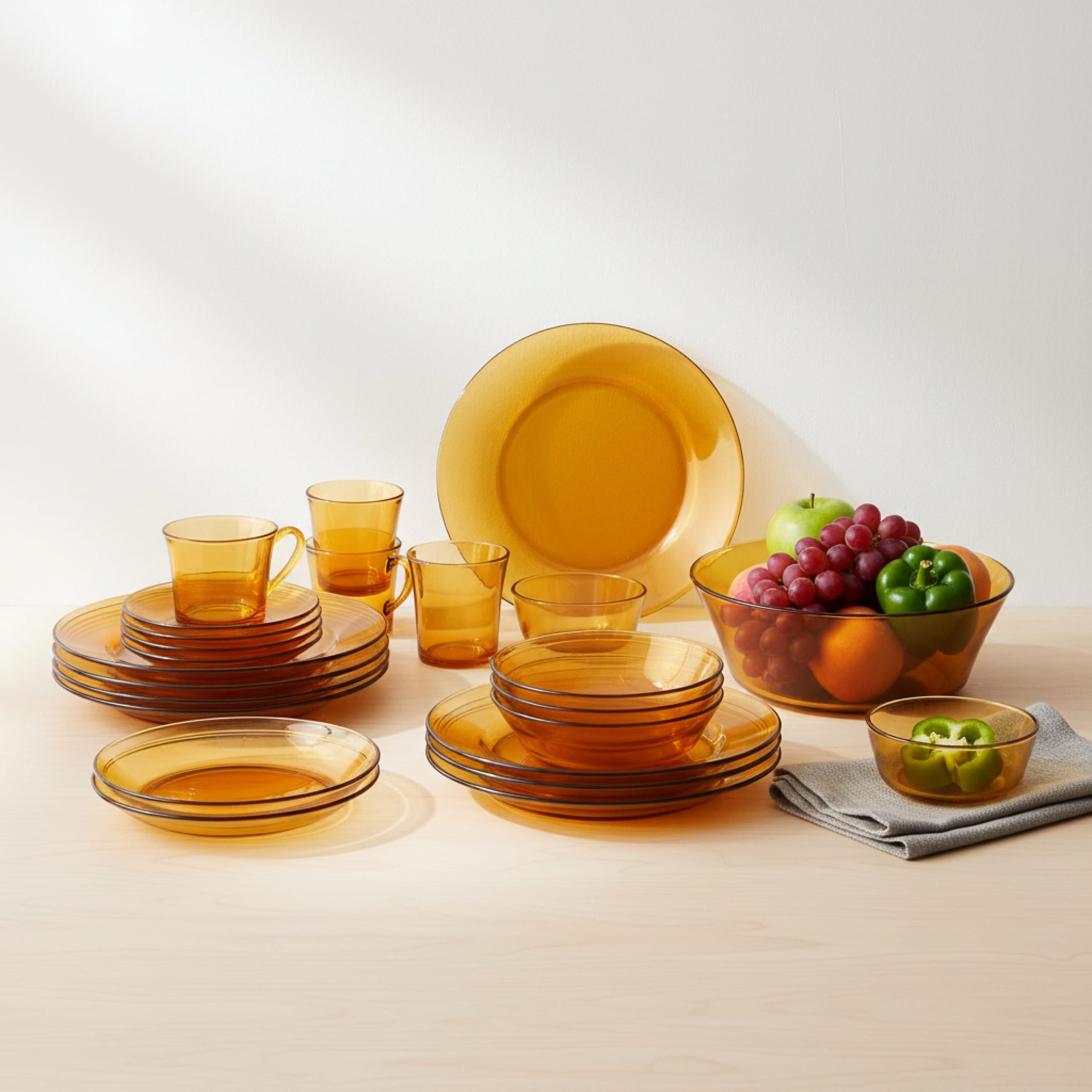 DURALEX | Vajilla 6 Personas 44 Piezas de Vidrio Templado Resistente Elegante y Duradera Color Ámbar - Vajilla Completa de cristal Duralex Apto para Microondas y Lavavajillas