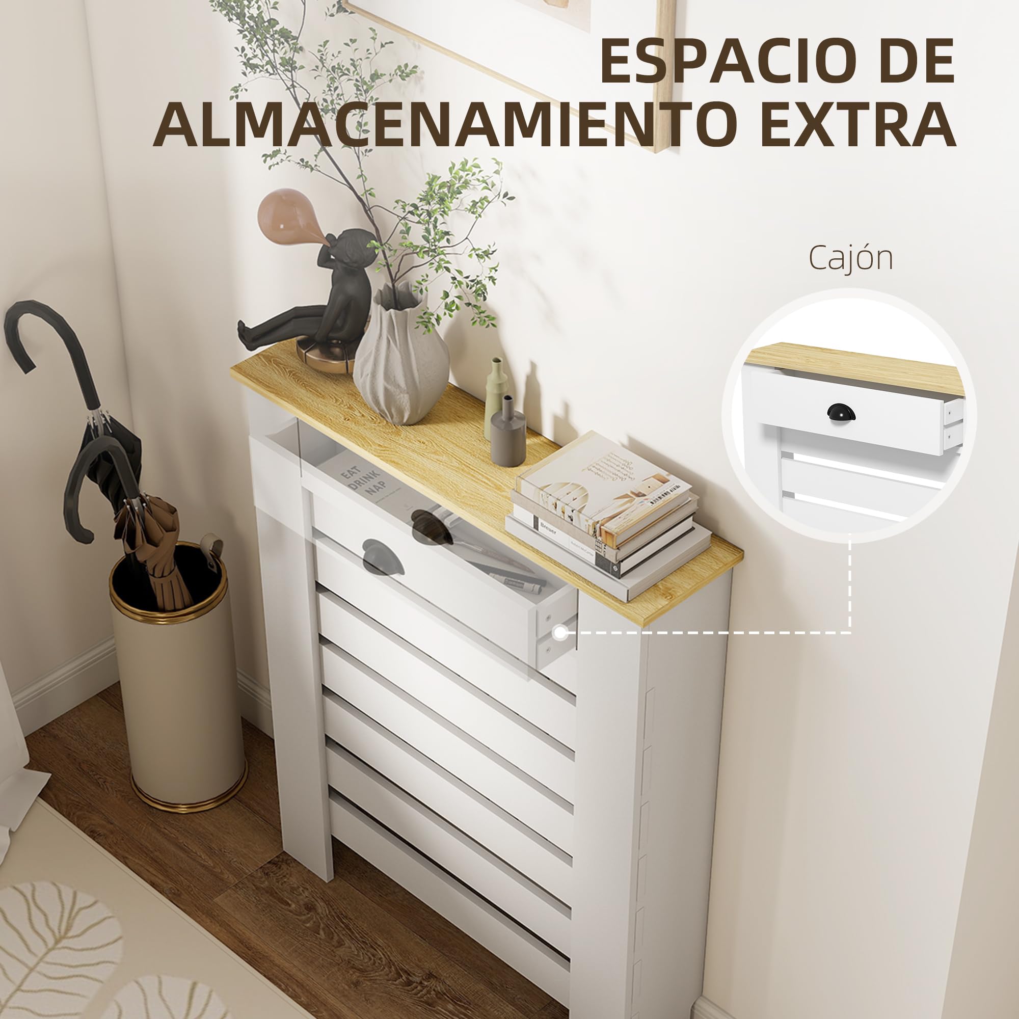 HOMCOM Cubre Radiadores con Cajón, Cubreradiador de MDF, 78x19x95,5 cm, Cubierta para Radiador, Diseño Moderno de Listones, para Salón, Dormitorio, Blanco