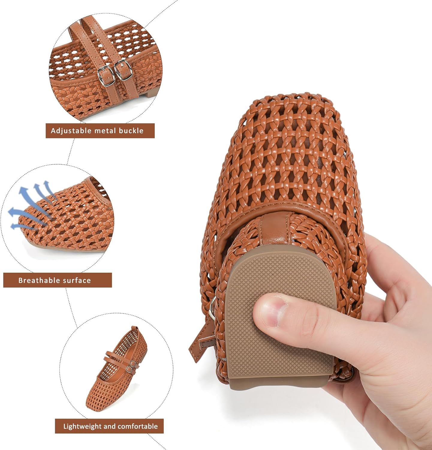 Flats for Women Mesh Ballet Woven Flat Shoes Mary Jane Breathable Casual Comfortable Office Work Women's Shoe Square Toe with Strap