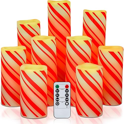 Miniatura 1 de VIHOSE 9 velas LED sin llama de bastón de caramelo con rayas de bastón de caramelo, velas sin llama con control remoto y temporizador, decoración de