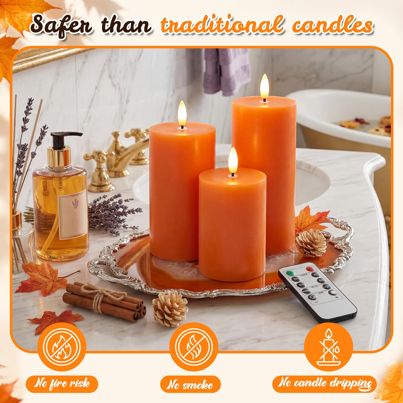 Retisee Set di 3 candele senza fiamma arancioni a LED in vera cera, con telecomando e timer, funzionamento a batteria, candele finte per il giorno del Ringraziamento, decorazione per la casa autunnale