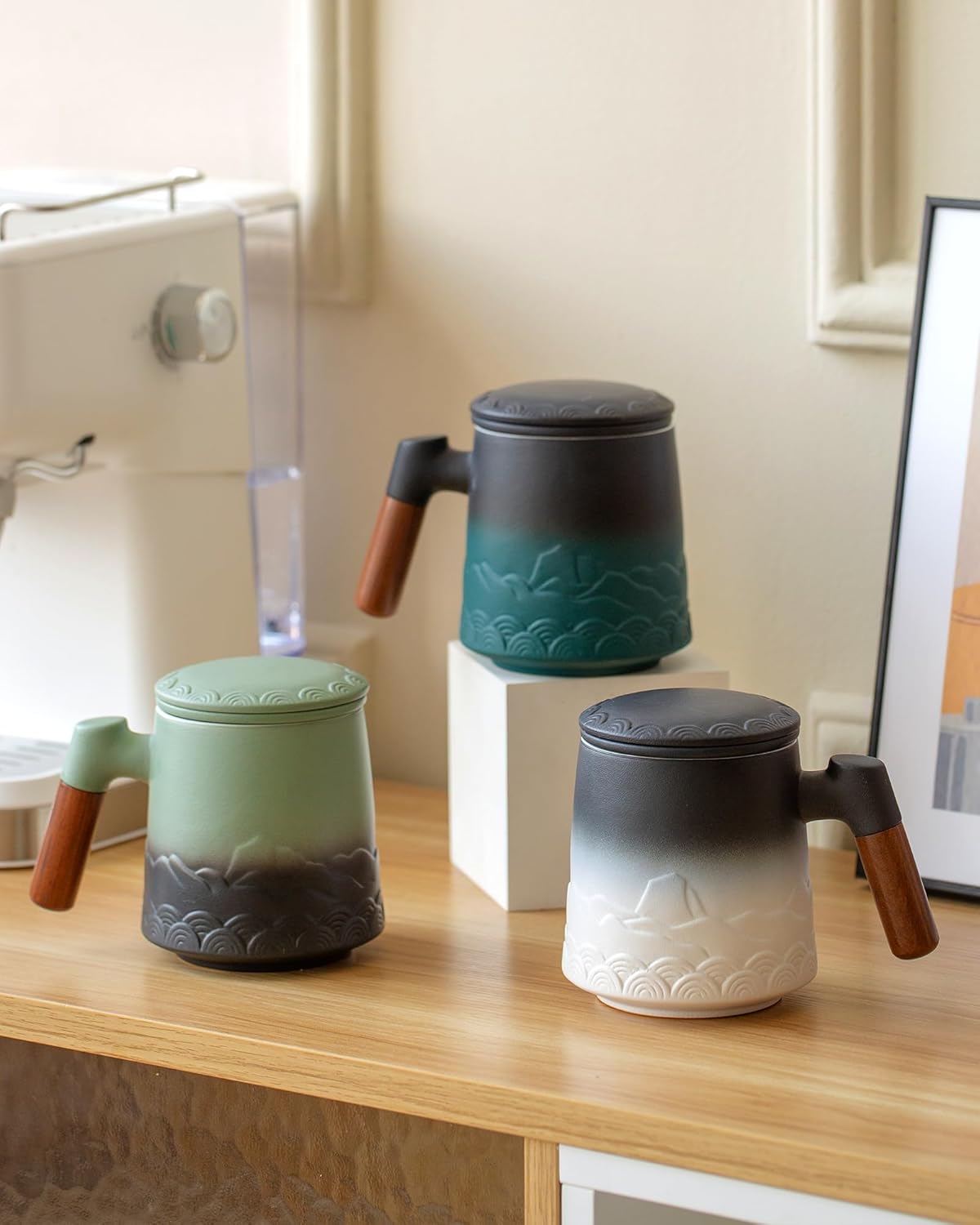 ZENS Tea Mug with Infuser and Lid for Loose Leaf Tea Steeper, 16.9 oz Embossed Ceramic Tea Cup with Fine Strainersand Wood Handle, Diffusers Accessories for Tea Lovers Gifts - Image 9