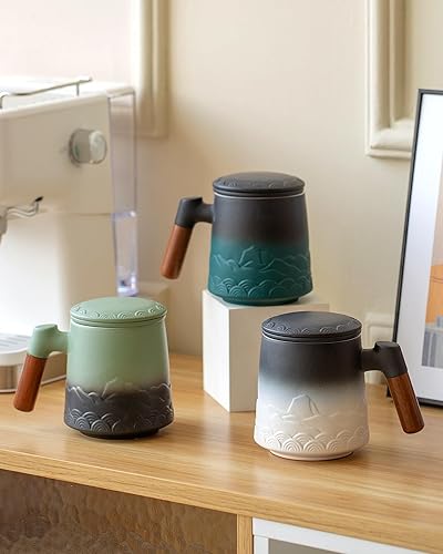 Vista 84 de ZENS Taza de té con infusor y tapa para remojar hojas sueltas, taza infusor de té de cerámica en relieve de 16.9 onzas, difusor de té con mango
