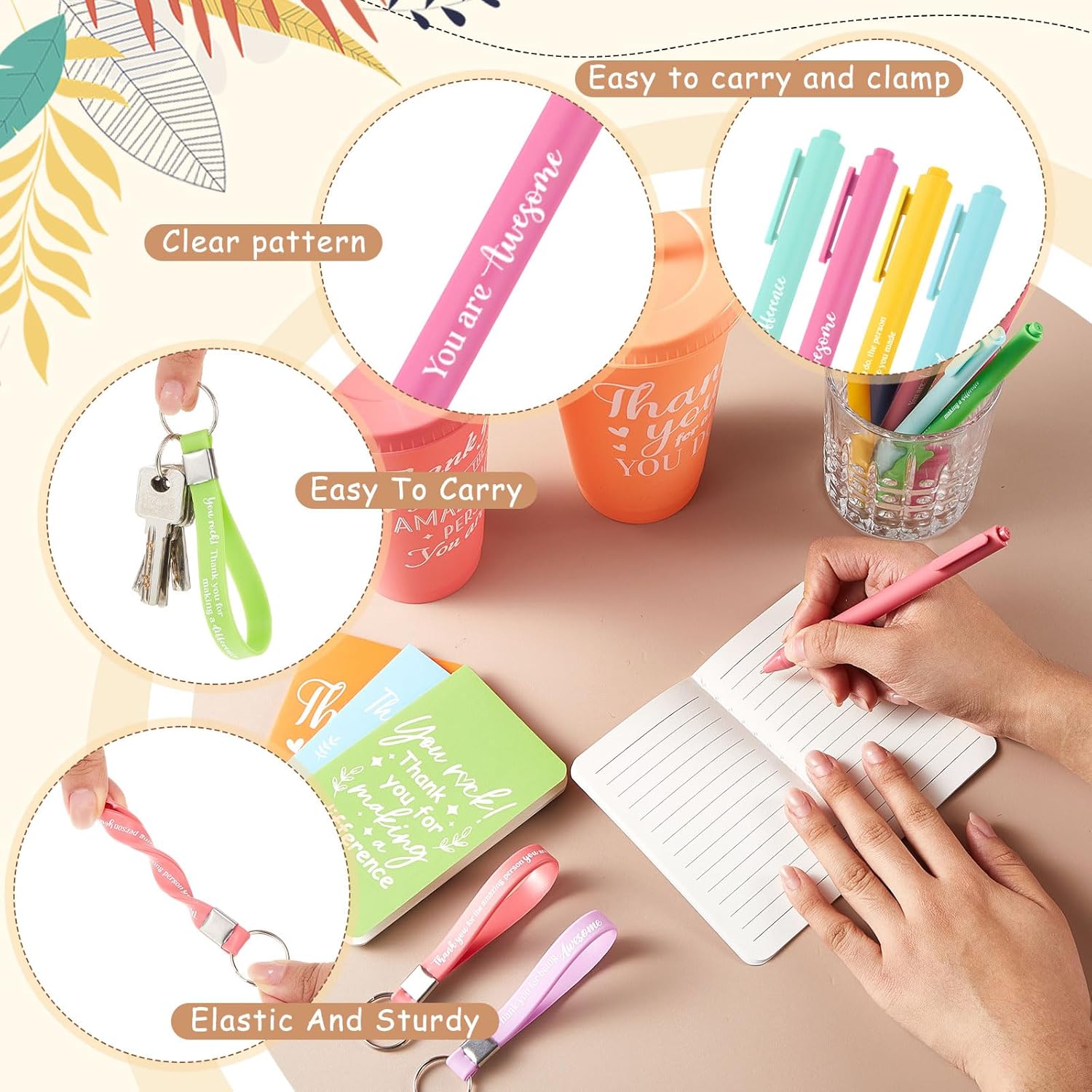 48 Pcs Inspirational Appreciation Gifts Thank You for Employee Coworker, 24 oz Plastic Cup with Lid Straw Notebooks Ballpoint Pens Keychain for Thanksgiving Christmas Gifts (Pastel Color) - Image 4