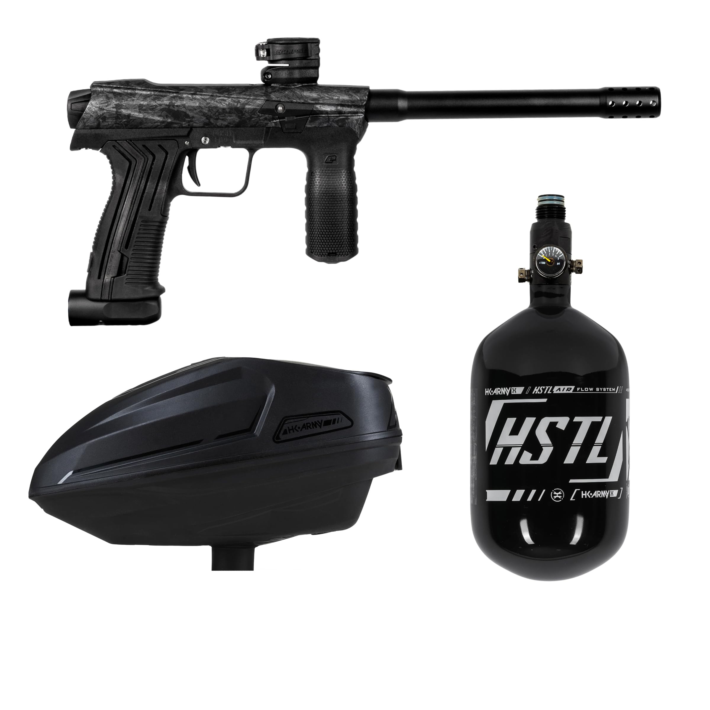 HK Army Planet Eclipse Emek Paintball Marker Package Sonic Loader 68ci/4500psi HPA Tank