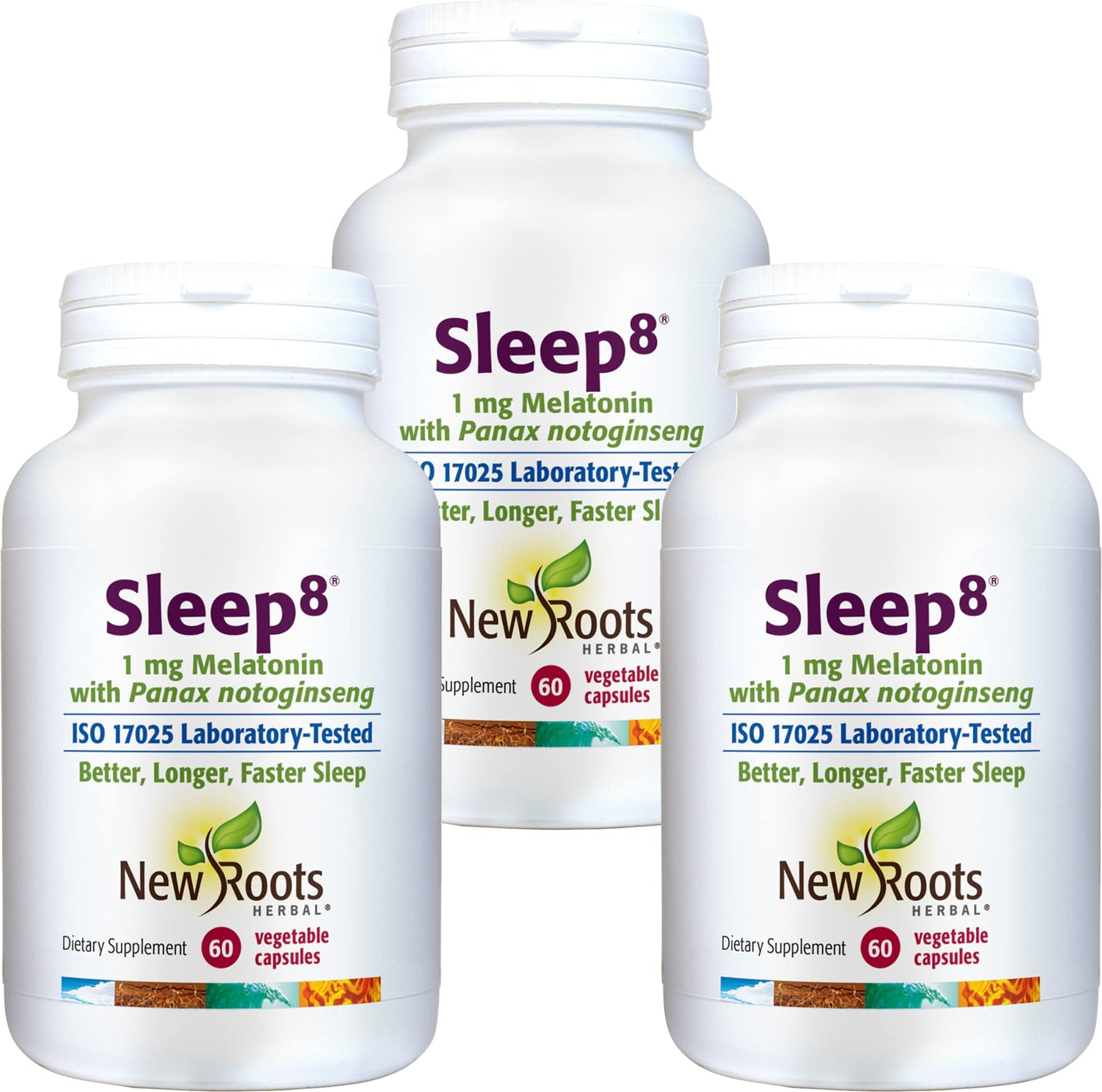 NEW ROOTS HERBAL Sleep8 Melatonin 1 mg Sleep Supplement with Panax notoginseng (60 Capsules) [3 Pack] | Natural Nighttime Sleep Aid with Magnesium, Passion Flower, Chamomile, Skullcap for Adults