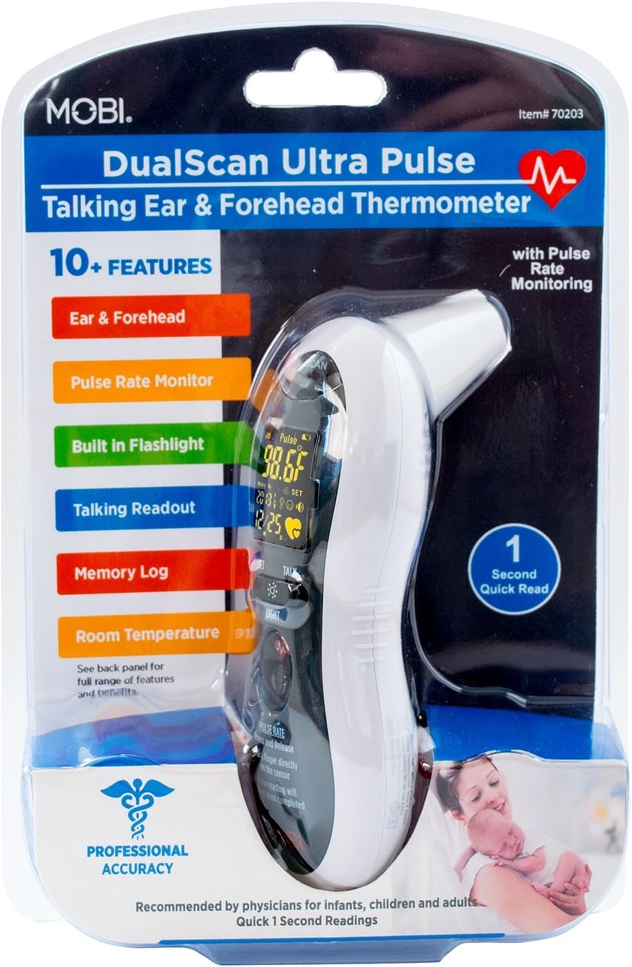MOBI - Ultra Pulse Digital Thermometer - Ear & Forehead Indicator Pulse Rate Monitor Flashlight - Talking Digital Fever Monitor for Baby Kids & Adult : Health & Household