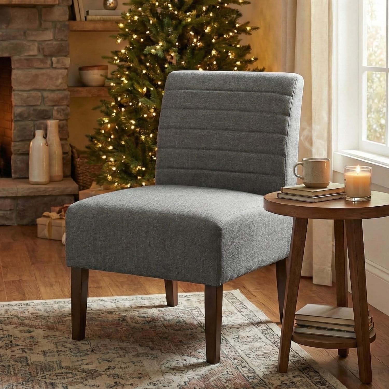 Armless Accent Chair, Mid Century Modern Upholstered Living Room Chairs, Accent Dining Chair Sofa with Solid Wood Legs, Lounge Reading Chair for Bedroom, Office (Gray)