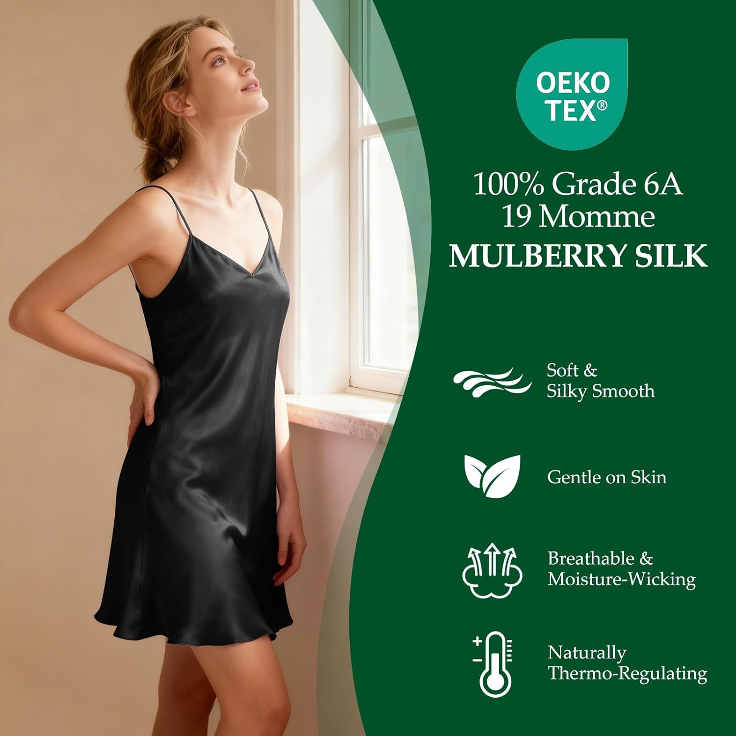 19 Momme Mulberry Silk Nightgown for Women,Sexy V-Neck Spaghetti Strap Chemise,Silk Short Slip Dress for Sleepwear - Image 3