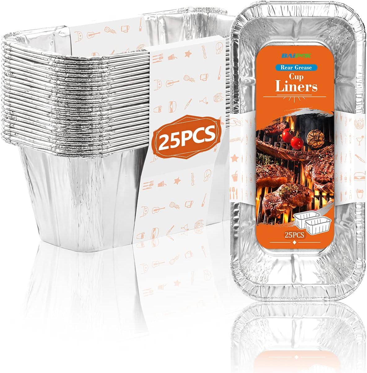 BAIPOK 25 Pack Blackstone Grease Drip Cup Liners Aluminum Foil Drip Pan Compatible with 36 Inch l 30 Inch l 28 Inch l 22 Inch l 17 Inch Griddles, Rear Grease Tray Heavy Duty Disposable Drip Pans