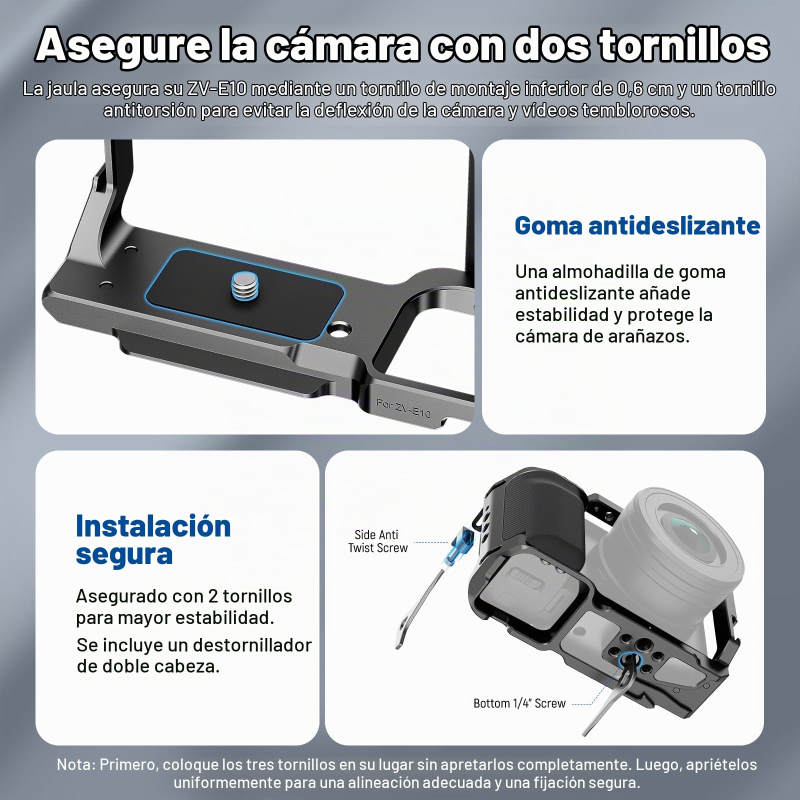 NEEWER ZV-E10 Jaula Cámara con Silicone Grip,1/4" Roscas, 3/8" Agujeros ARRI, Base QR Tipo Arca, Estabilizador Vídeo Rig Camera Cage Compatible con SmallRig Handles dji RS Gimbals Sony ZV-E10, CA003S