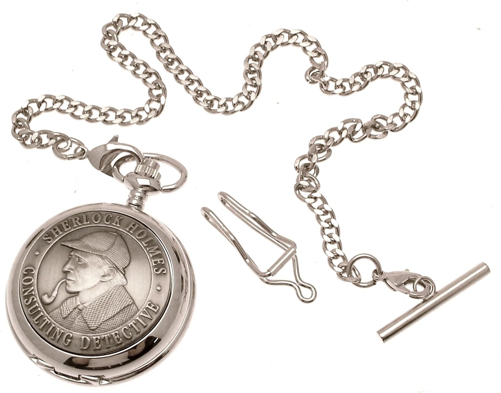 Solid Pewter Fronted Sherlock Holmes Design 40 Mother of Pearl Quartz Pocket Watch