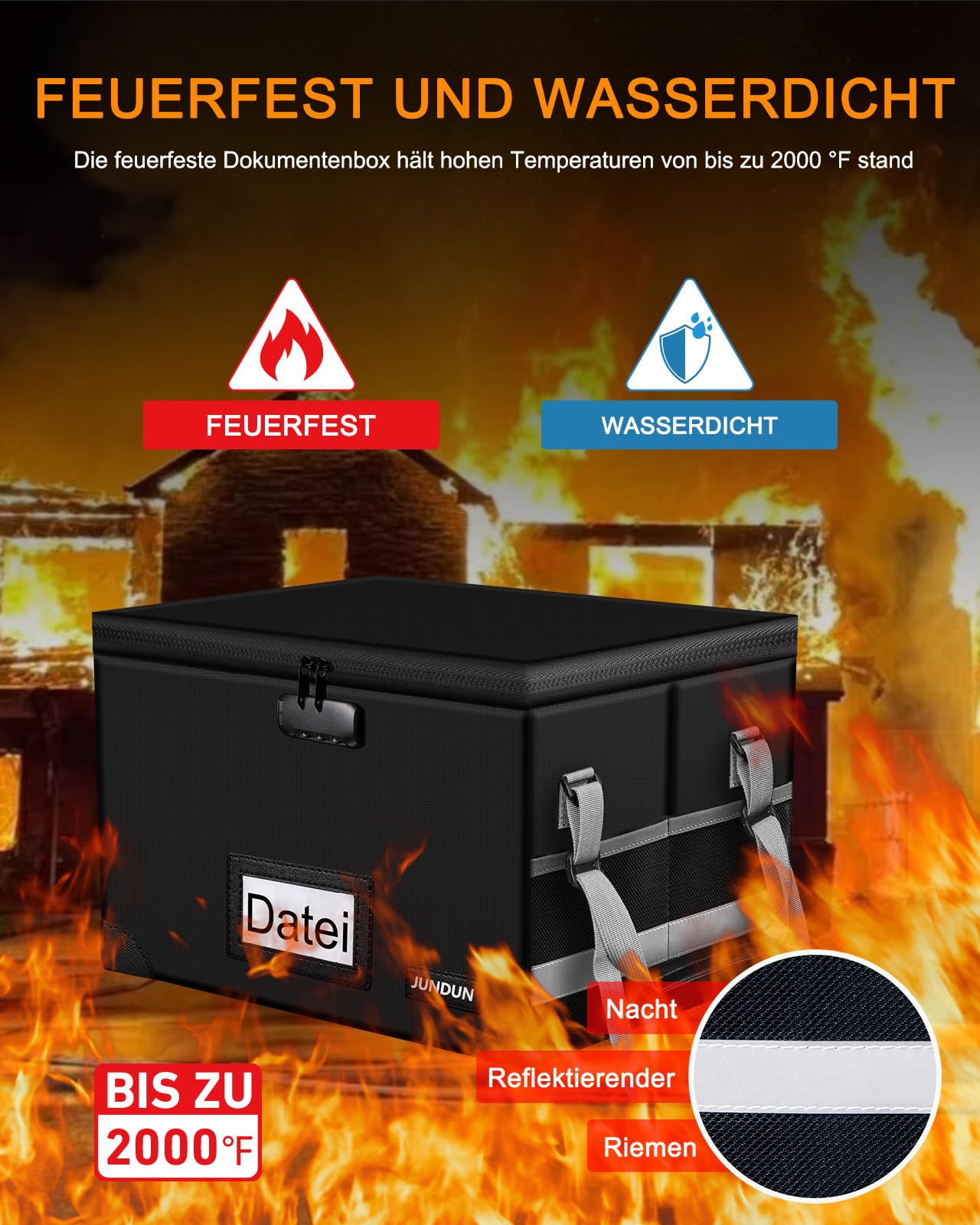 JUNDUN Akten Organizer Box mit Schloss, Zusammenklappbare Feuerfeste Dokumentenbox mit Wasserabweisendem Reißverschluss und Deckel, Tragbare Dekorative Hängeregistraturbox für Zuhause/Büro