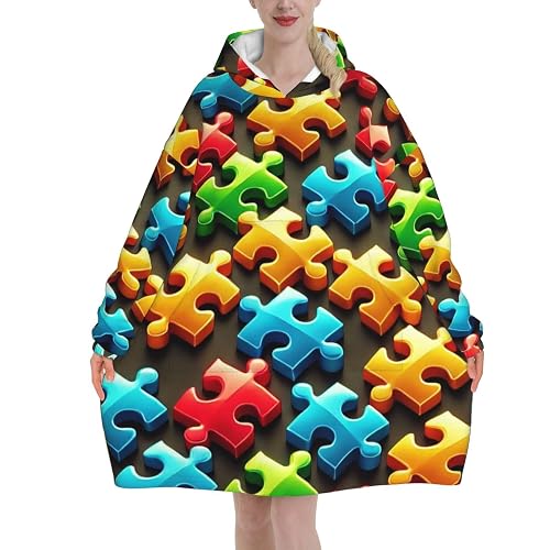 Augenstern Oversized Adult Long Sleeve Flannel Hoodie Blanket Autism-Jigsaw-Puzzle-Pieces Soft