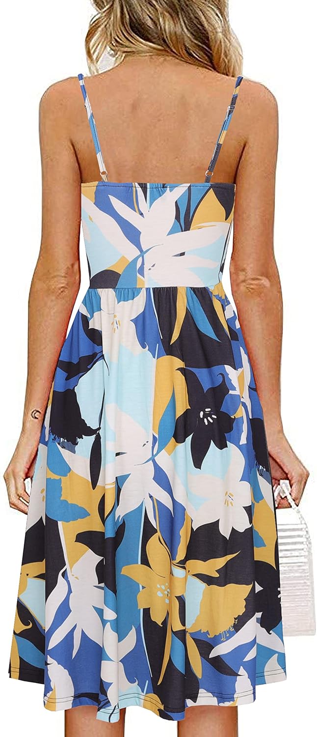 Women's Summer Casual Dress Florals Buttons Down Ruched Sweetheart Neck Sleeveless Midi Sundress - Image 2