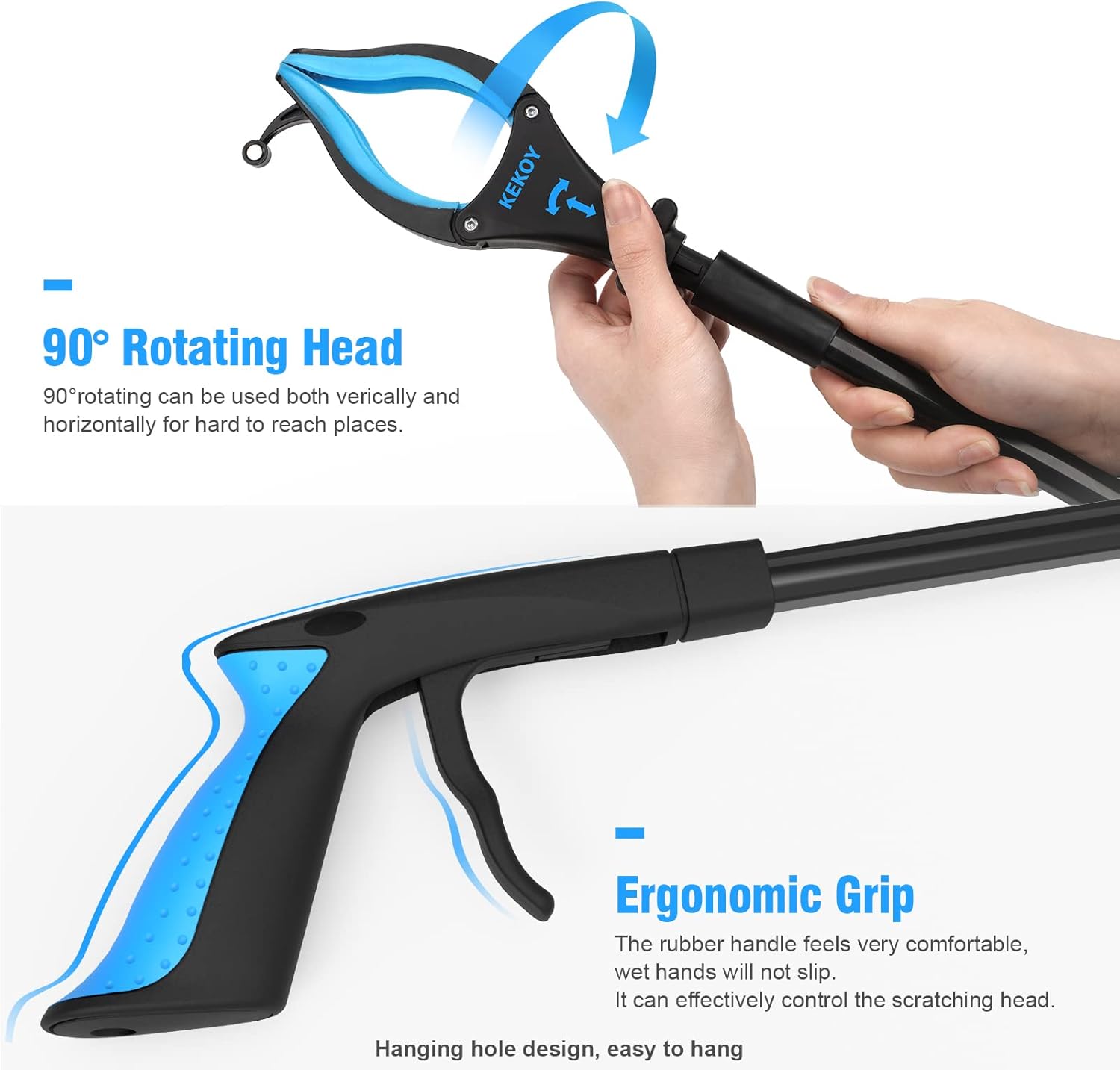 Kekoy grabber tool showing 90-degree rotating head and ergonomic grip