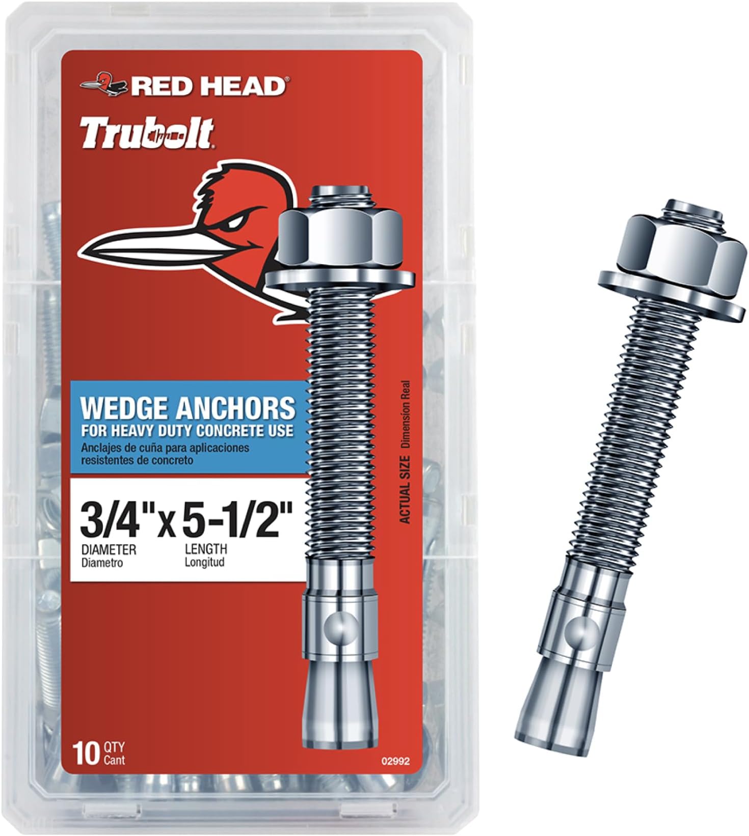 Red Head TruBolt® 3/4 x 5-1/2 Inch Wedge Heavy-Duty Concrete Anchors, 10 PCS, Versatile Threaded Design for Fastening into Solid Concrete with 360-Degree Contact, Stainless Steel
