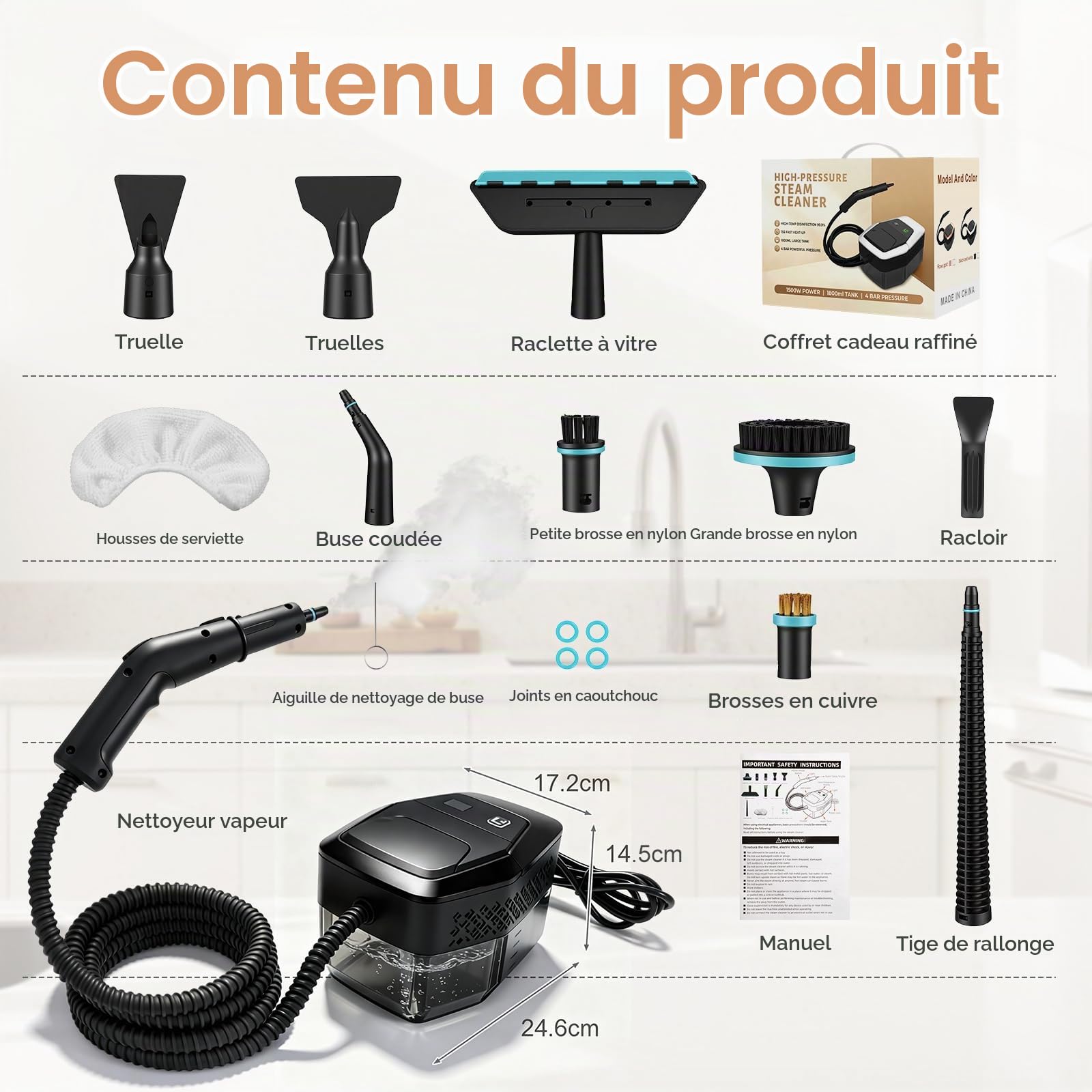 Nettoyeur Vapeur, Nettoyeur à Vapeur Portable 1500W Basse Pression, Chauffage Rapide 15s, Réservoir d’eau 1,8L, 12 Accessoires Inclus,Cuisine & Voiture, Noir（Appuyez longuement sur 3s pour démarrer）