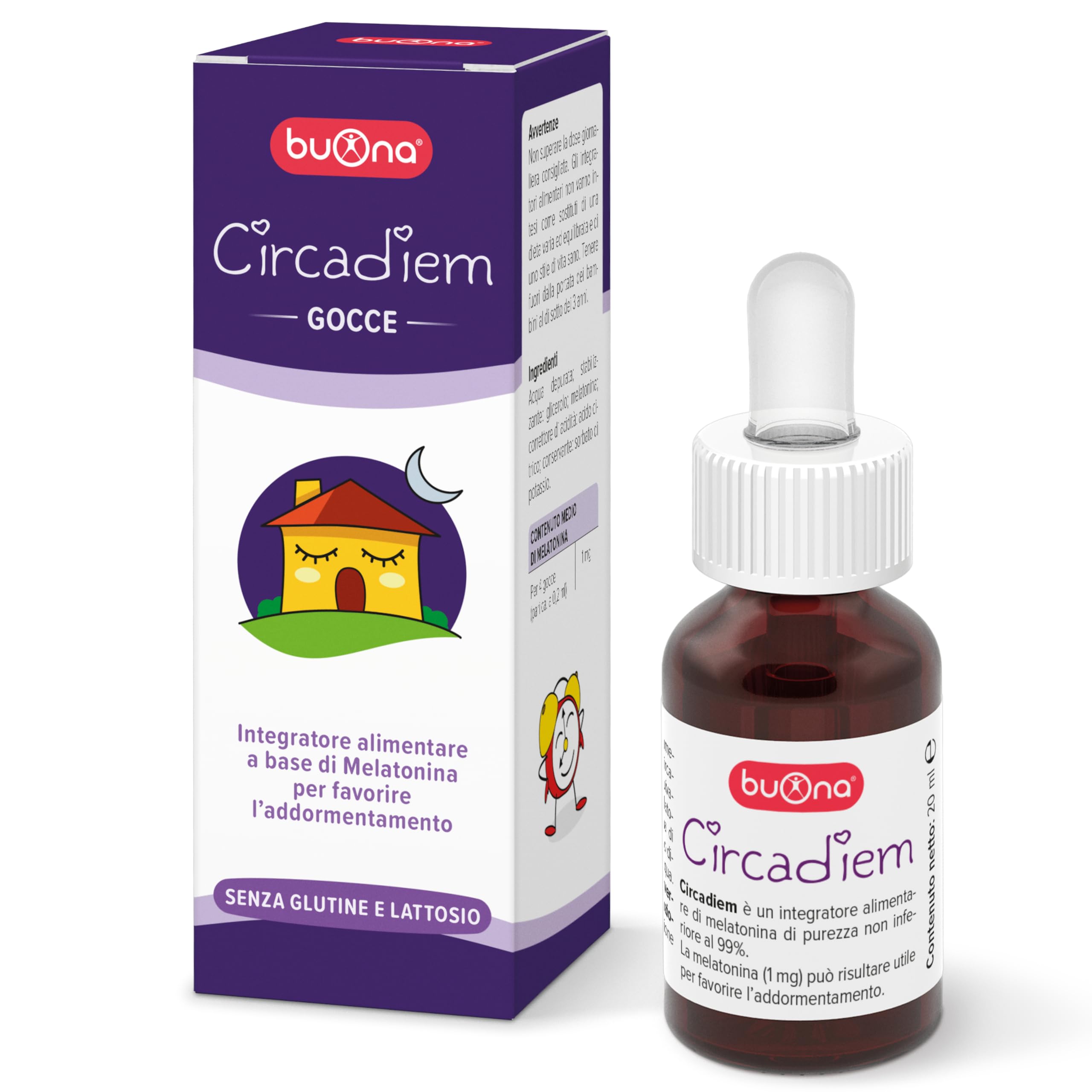 Buona Circadiem Melatonina Bambini Gocce 20 ml, Melatonina Pura al 99%, Contribuisce alla Riduzione del Tempo Richiesto per Prendere Sonno e Mantenere i Ritmi Fisiologici del Ciclo Sonno-Veglia