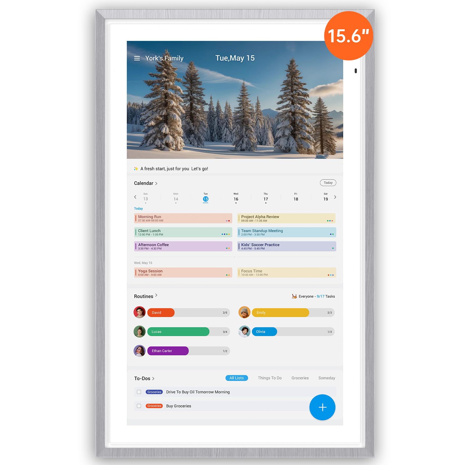 ApoloSign 15.6-inch Digital Calendar: Dual Mode Calendars with Google Play & Multi-calendar Sync, Electronic Planner & Chore Chart, Smart Touchscreen, Interactive Display for Family Schedules (Gray Wood, 15.6")