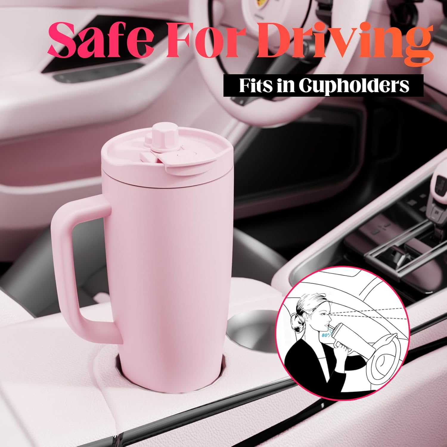 FOHGEE40oz Tumbler with Handle and Magnetic Straw Lid, Double-Wall Vacuum Insulated Stainless Steel Cup, Leak-Proof & Sweat-Proof with Non-Slip Silicone Base, for Travel, Gym, Office-light pink - Image 6