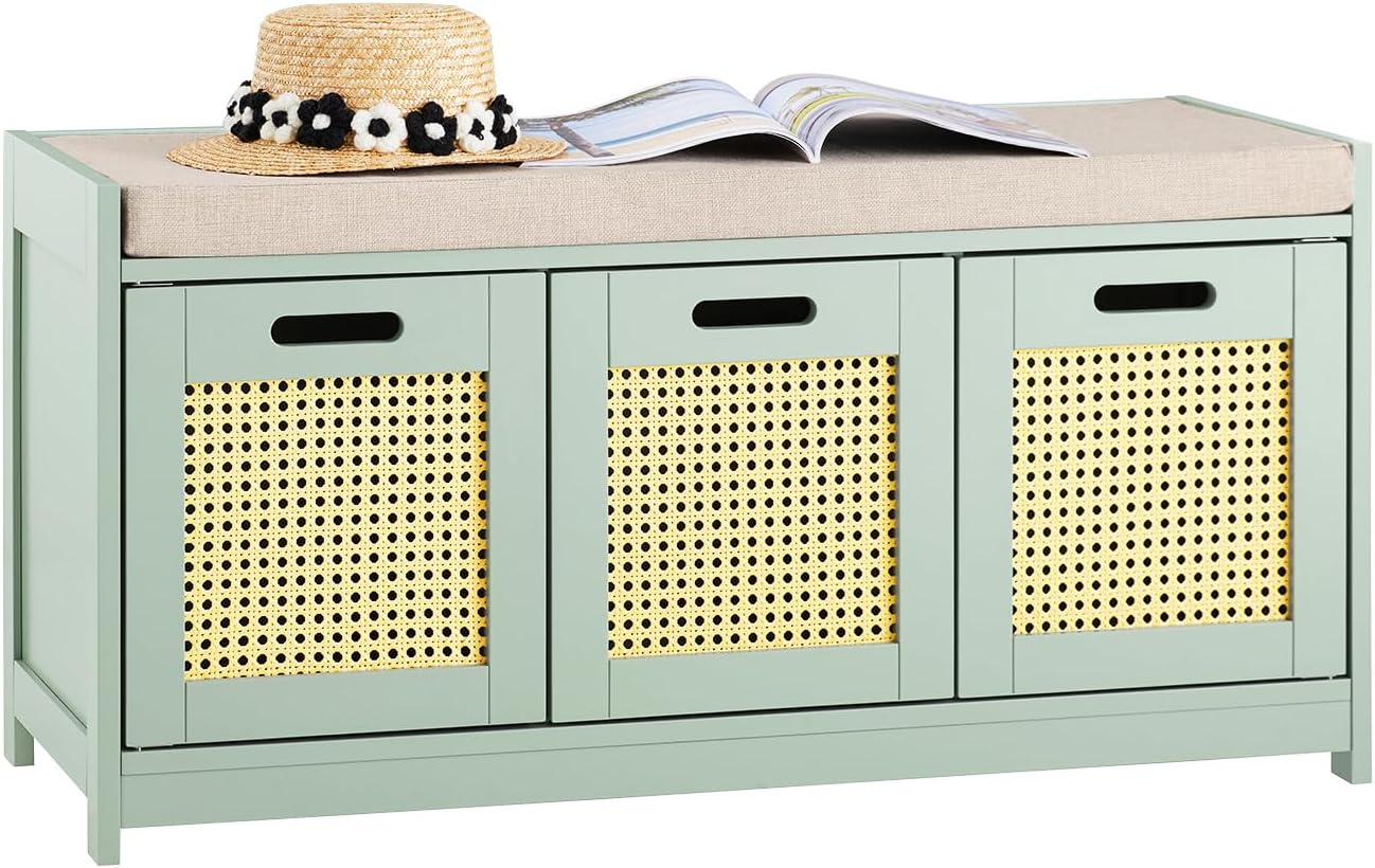 SoBuy Shoe Storage Bench Shoe Rack with Seat Cushion - Modern Hallway Storage Unit with Drawer & Rattan Doors for Entryway, Bedroom - Green 90x35x45cm, 150kg Load - FSR182-GR