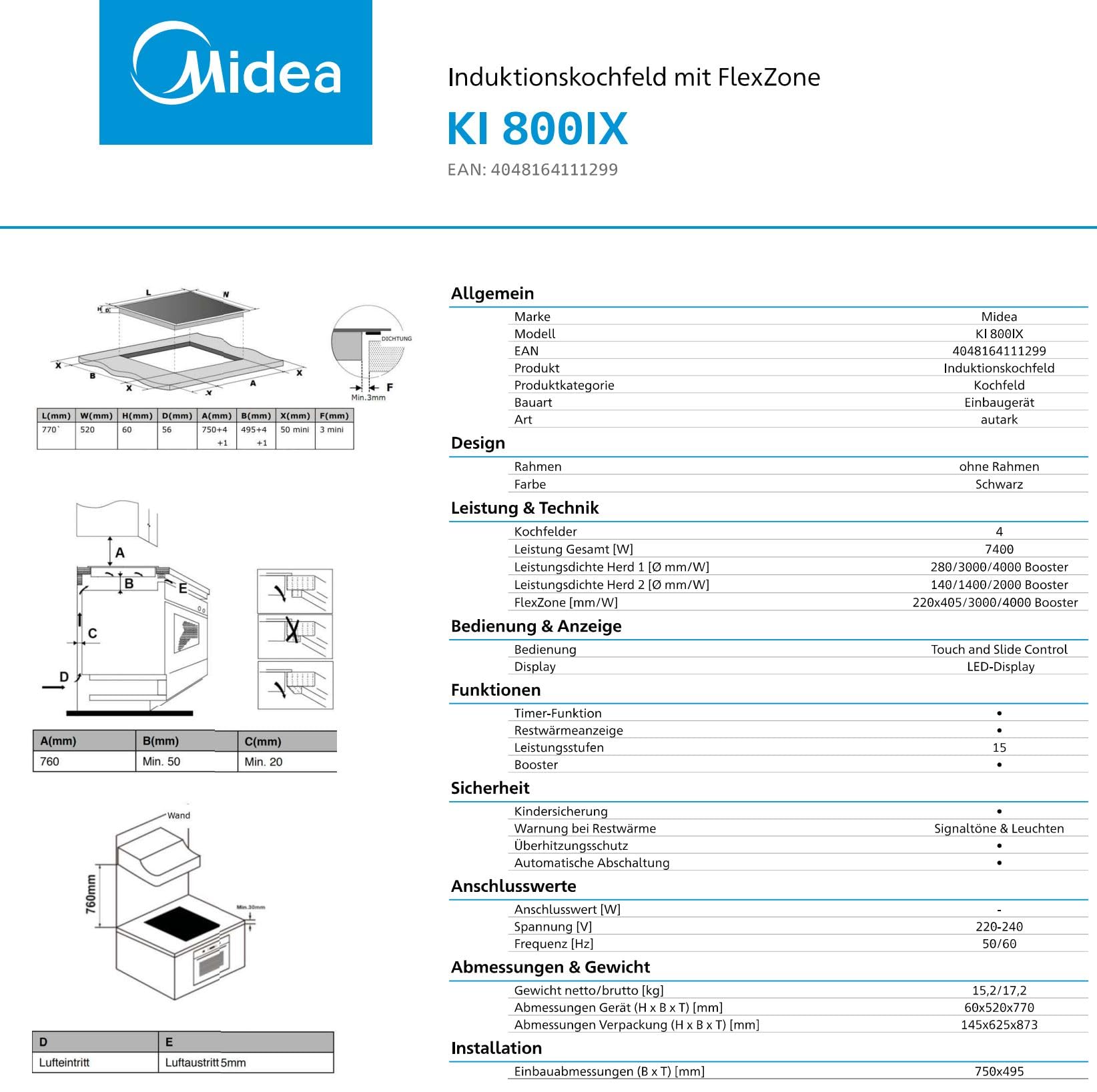 Midea Induktionskochfeld autark 77cm Booster rahmenlos FlexZone KI800IX