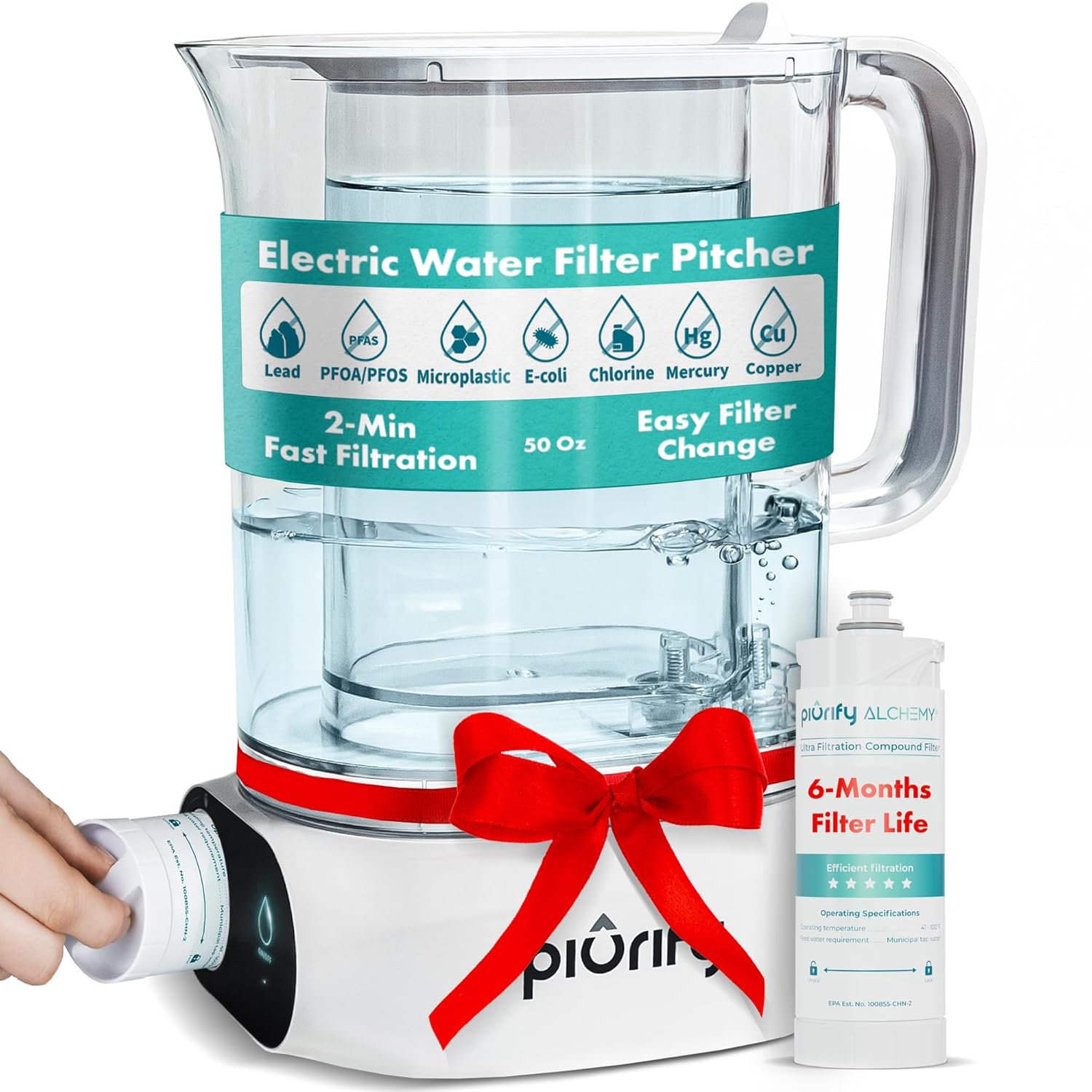 Jarra de filtro de agua eléctrica compacta de 50 onzas para encimera, elimina el 99% del plomo, microplásticos, PFAS y cloro, tecnología avanzada de