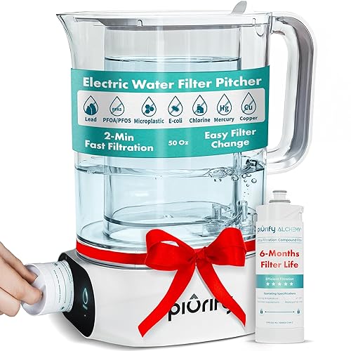 Jarra de filtro de agua eléctrica compacta de 50 onzas para encimera, elimina el 99% del plomo, microplásticos, PFAS y cloro, tecnología avanzada de