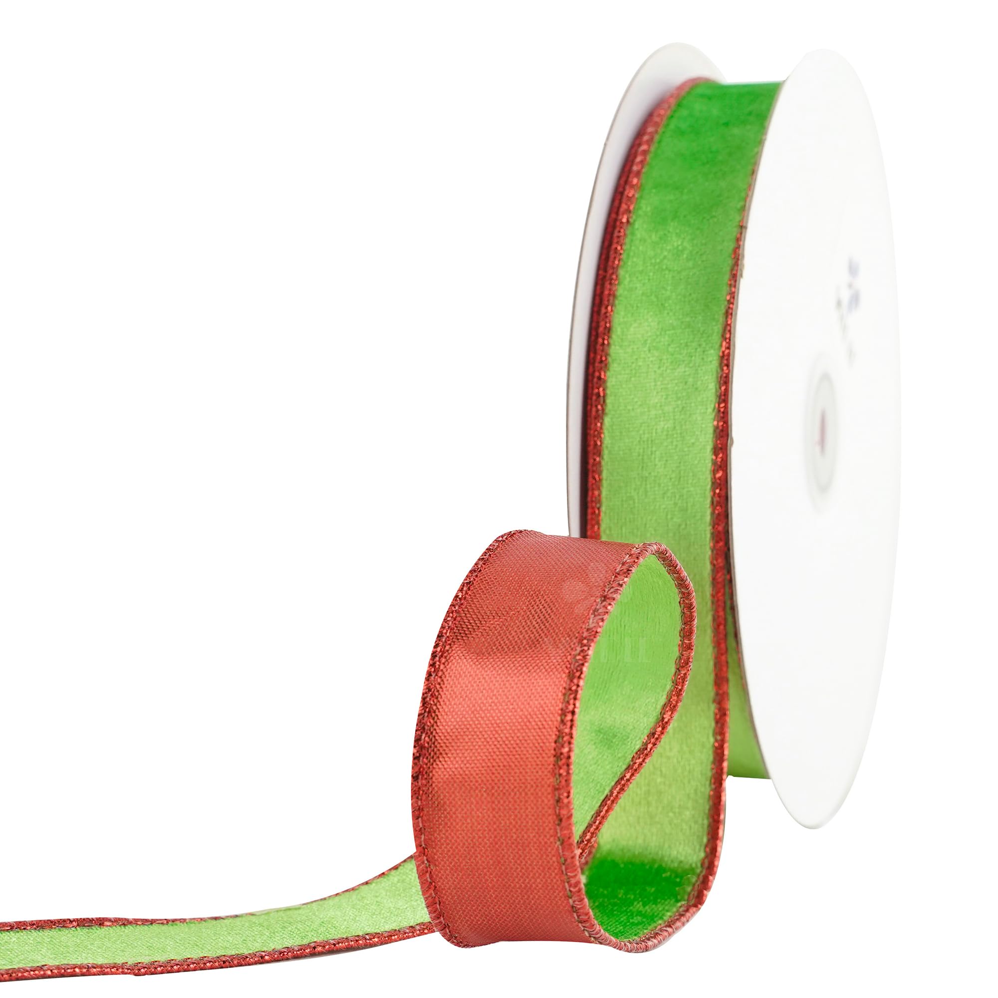 MEEDEE Cinta de Navidad de terciopelo verde lima y rojo de 1 pulgada, cinta de terciopelo fino con alambre, carrete de 25 yardas, cinta Farrislk de dos tonos, cinta roja y verde para árbol de Navidad,