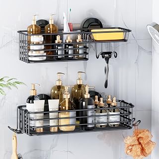 LEVERLOC 2-Pack Suction Cup Shower Caddy with Hooks & Soap Holder - No Drill Rustproof Black Bathroom Organizer