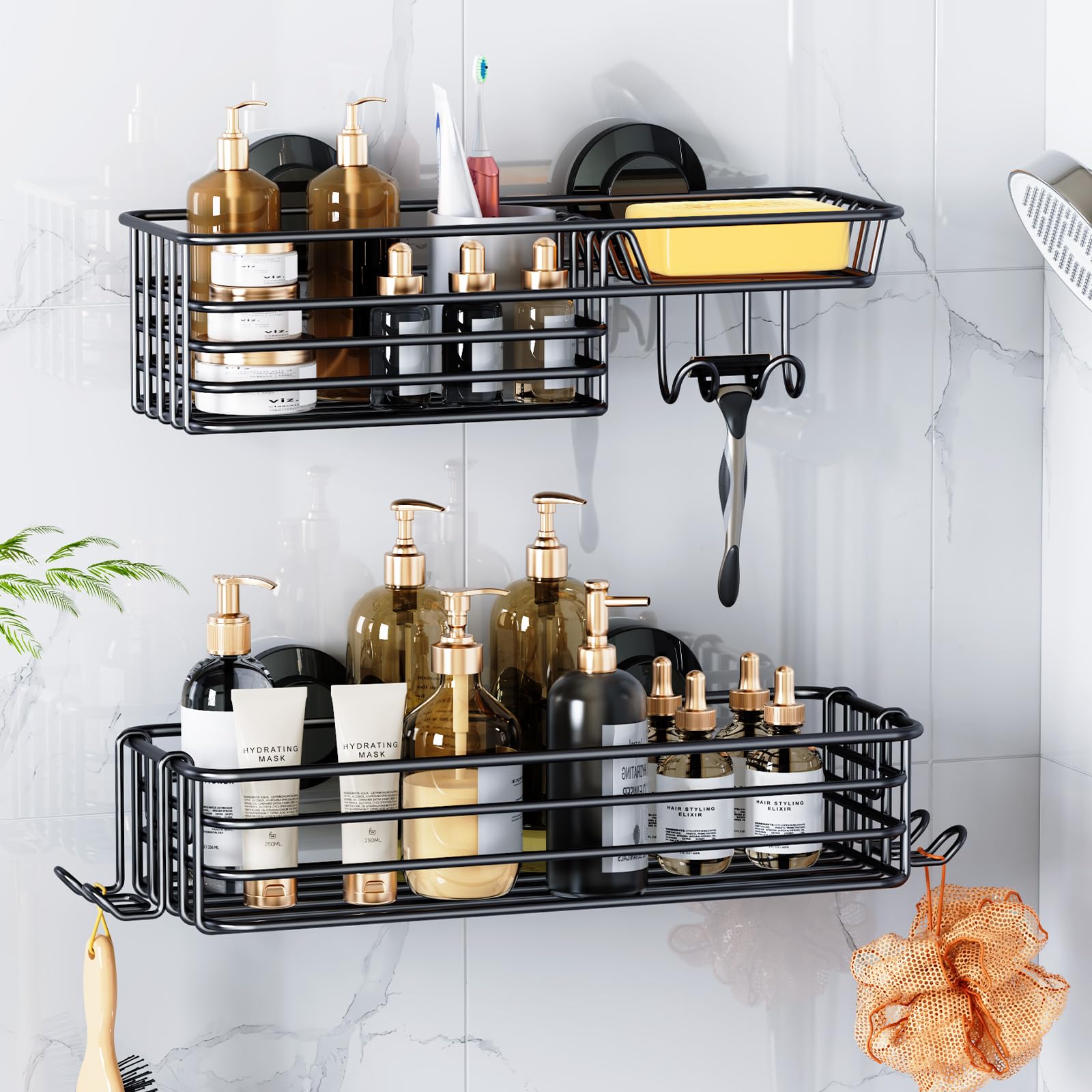 LEVERLOC Shower Caddy Suction Cup, 2 Pack Shower Shelves for Inside Shower with Hooks & Soap Holder, NO-Drilling Bathroom Shower Organizer, Rustproof Meatl Shower Holder Storage, Black โ image 1