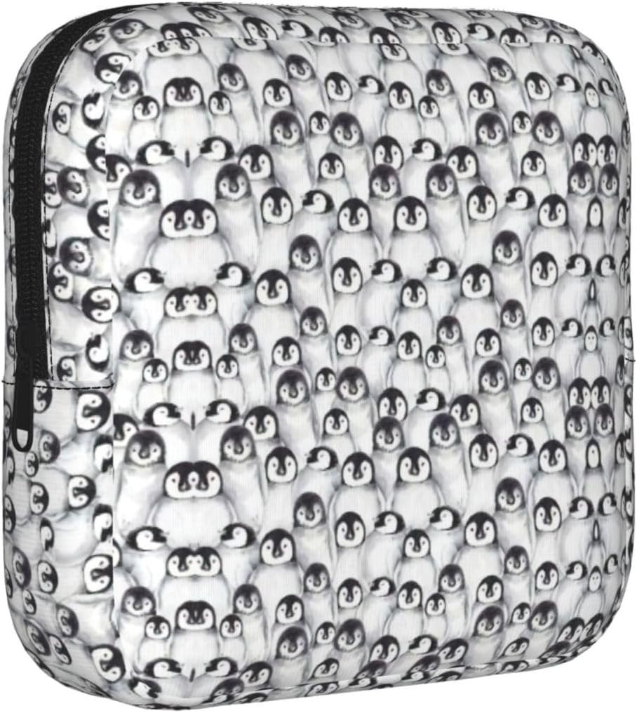 Cute Baby Penguins Sketch Print Women Period Bag Sanitary Pouch Portable Pad Pouch Tampon Holder Small Zipper Pouch Storage Bag