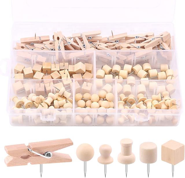 Swpeet 135Pcs 6 Types Wood Push Pins Assortment Kit, Wooden Head Pins Steel Thumb Tacks Clips Push Pins for Cork Boards Map Photos Home Office Craft Projects