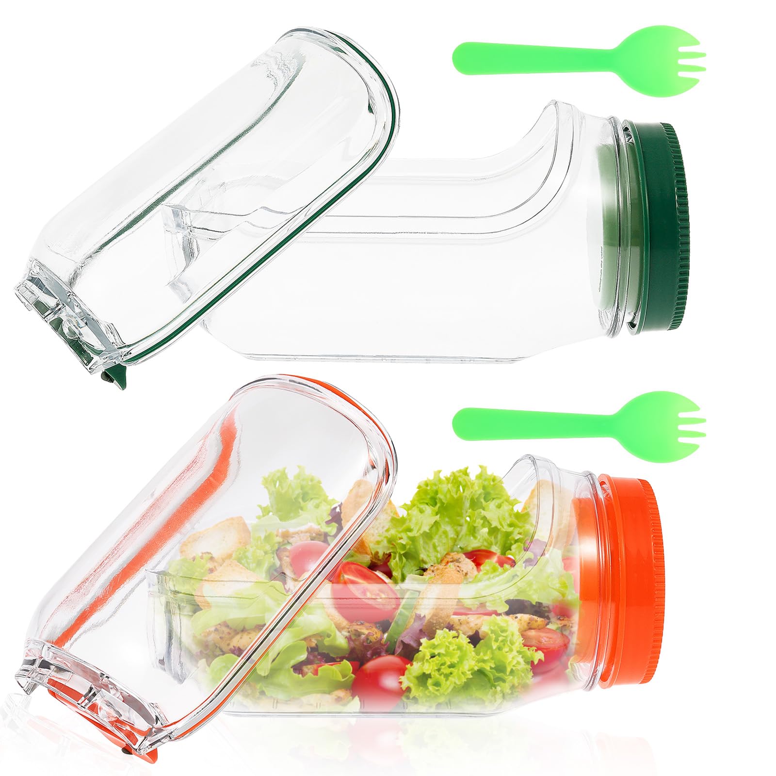 Salad Pod with Fork, 700ml Salad Jar with Side Opening, Built-in Bowl Design, Leak Proof Sauce Dressing Case, Dishwasher Safe, Microwave Safe, Fresh Salads Storage for Lunch, Fruit(Green+Orange)