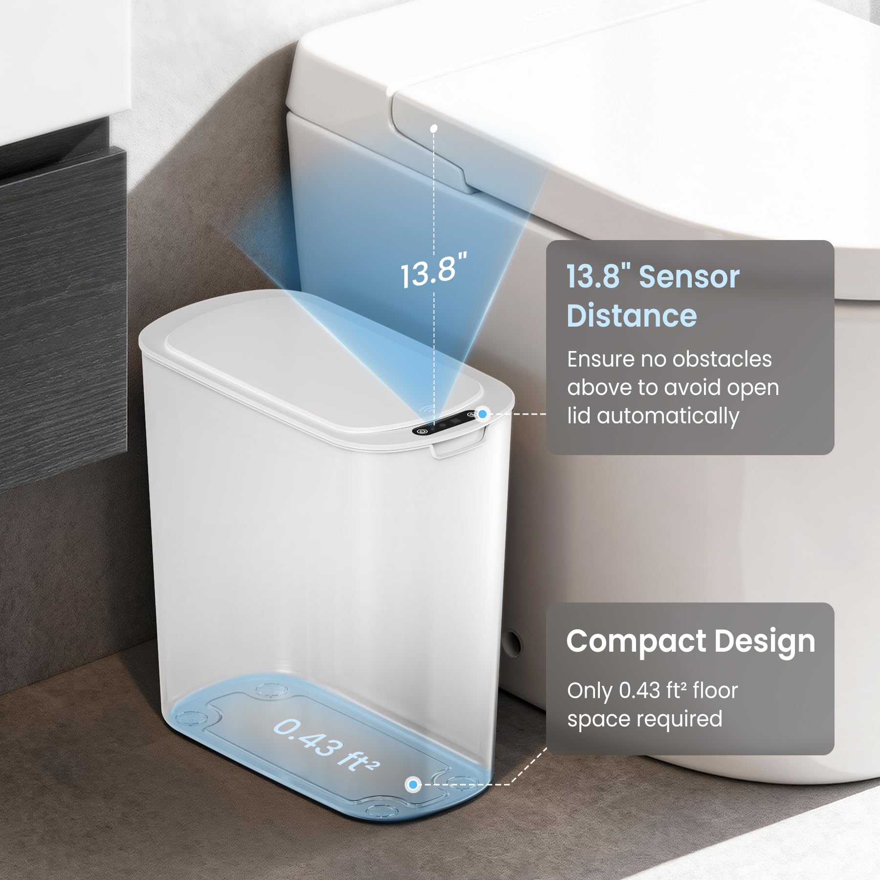 Cesun Pattumiera da bagno con sensore di movimento automatico con coperchio, 2,6 galloni Touchless, in plastica sottile, piccolo cestino bianco per WC, ufficio, camper, camera da letto, soggiorno