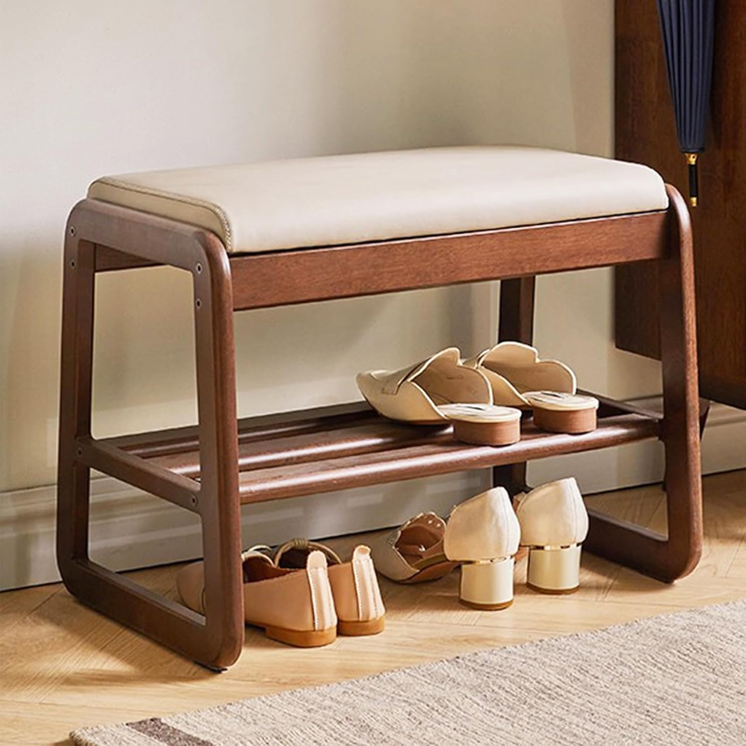 Genuine Decor Solid Wood Shoe Bench with Cushion, 2-Tier Shoe Rack for Entryway, Mid-Century Modern White Wooden Bench for Bedroom, Living Room, or Dining Room – 21.65"-image-28