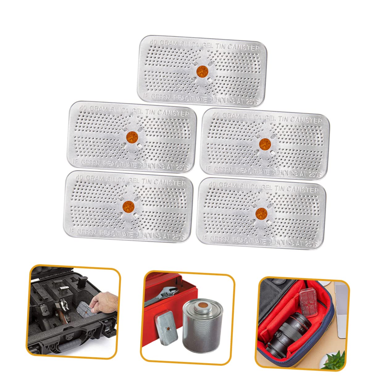 KICHOUSE 5pcs Color Changing Silica Gel Humidity Packs Aluminum Tin Gram Reusable Desiccant Beads for Safes Cameras and Electronics Moisture Absorber with Indicating Function